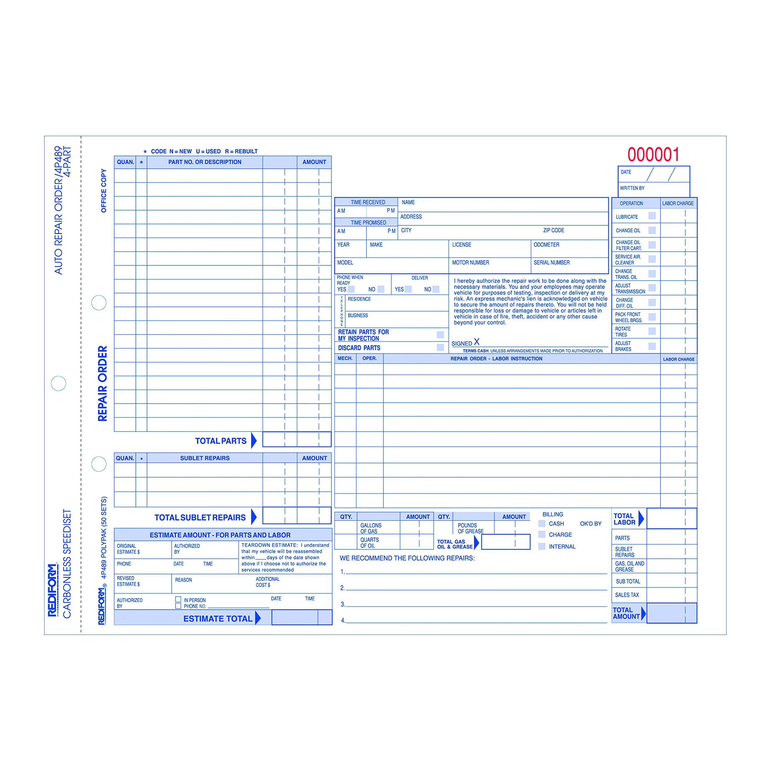 Rediform Speediset Four-Part Auto Repair Form, Four-Part Carbonless, 11 X 8.5, 50 Forms Total