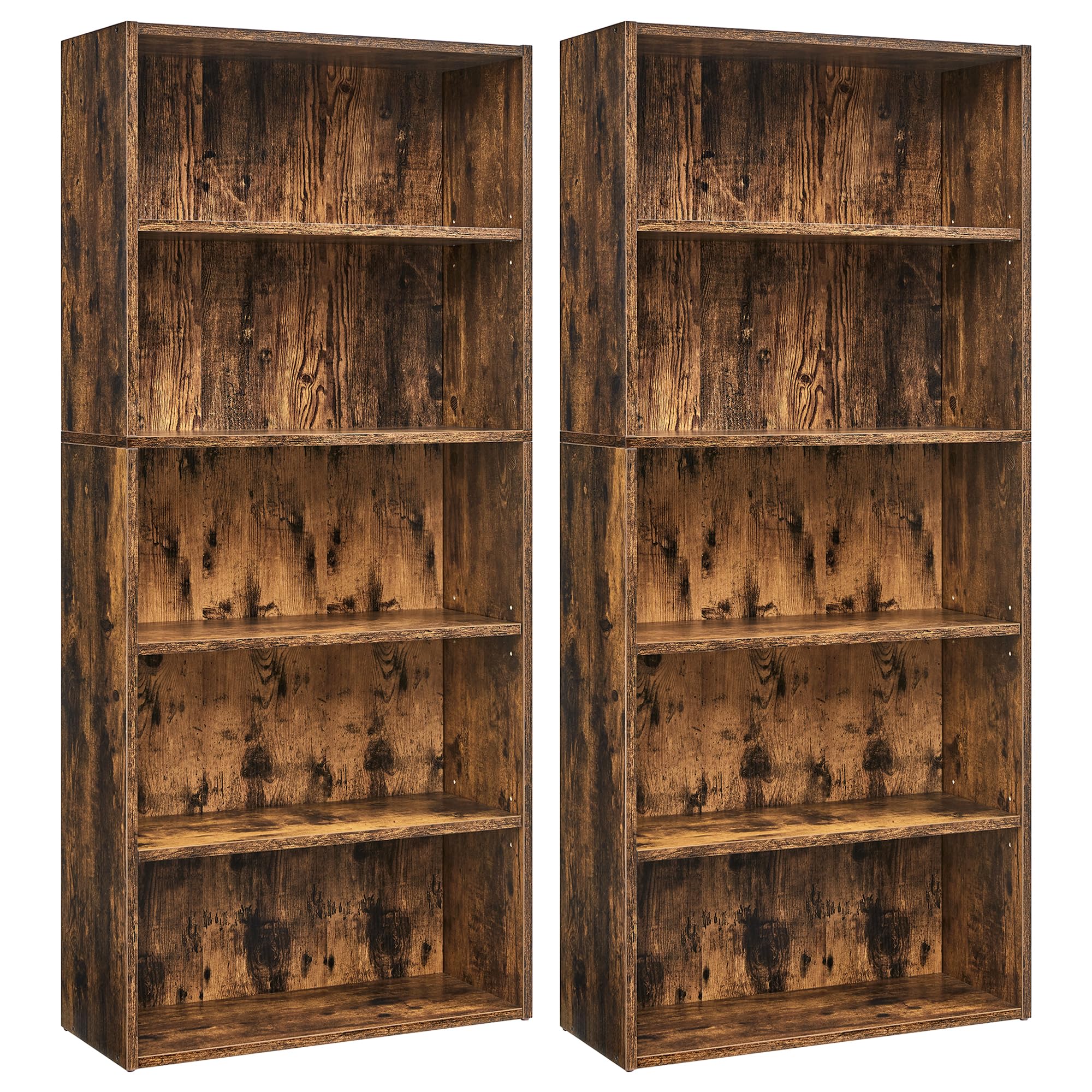 VASAGLE Set of 2 Bookshelves, 23.6 Inches Wide, 5-Tier Open Bookcases with Adjustable Storage Shelves, Floor Standing Units, Rus