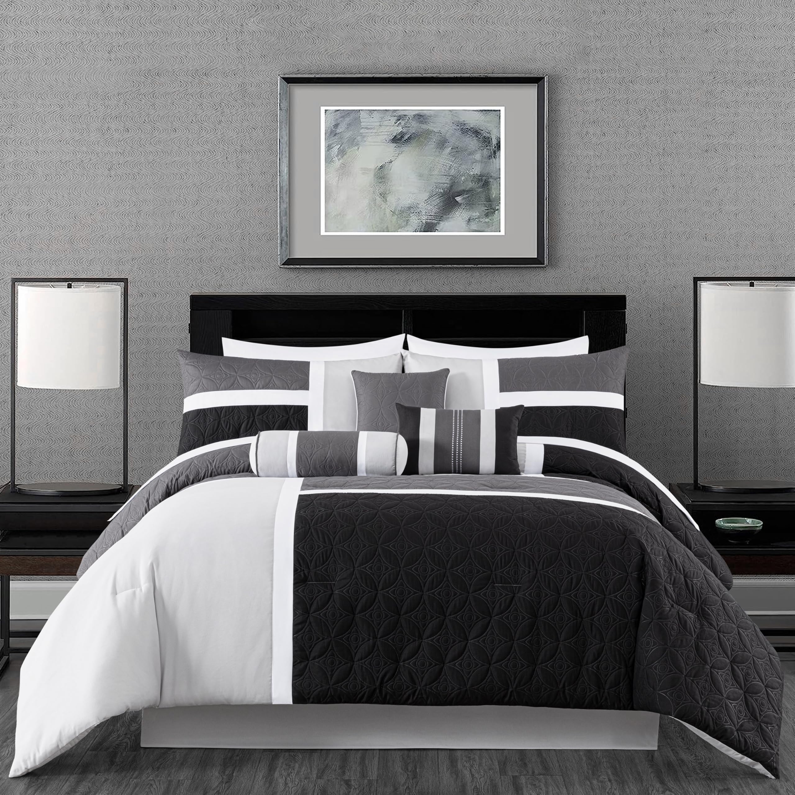 Chezmoi Collection Upland 7-Piece Quilted Patchwork Comforter Set, Black/Gray/Light Gray, California King