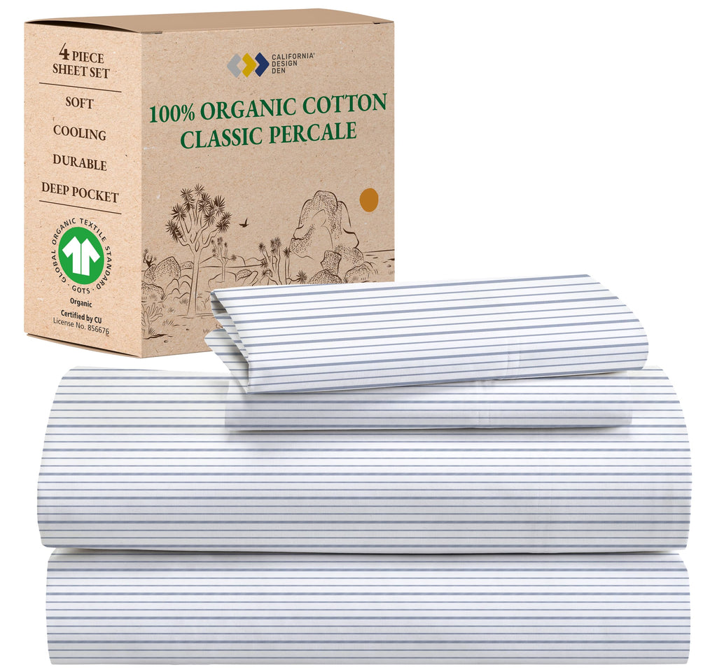 California Design Den California King Sheet Stripe, 100% Organic Cotton Percale Sheets, Deep Pocket Cal King Size Sheets & Pillowcase Set - Blue Stripe