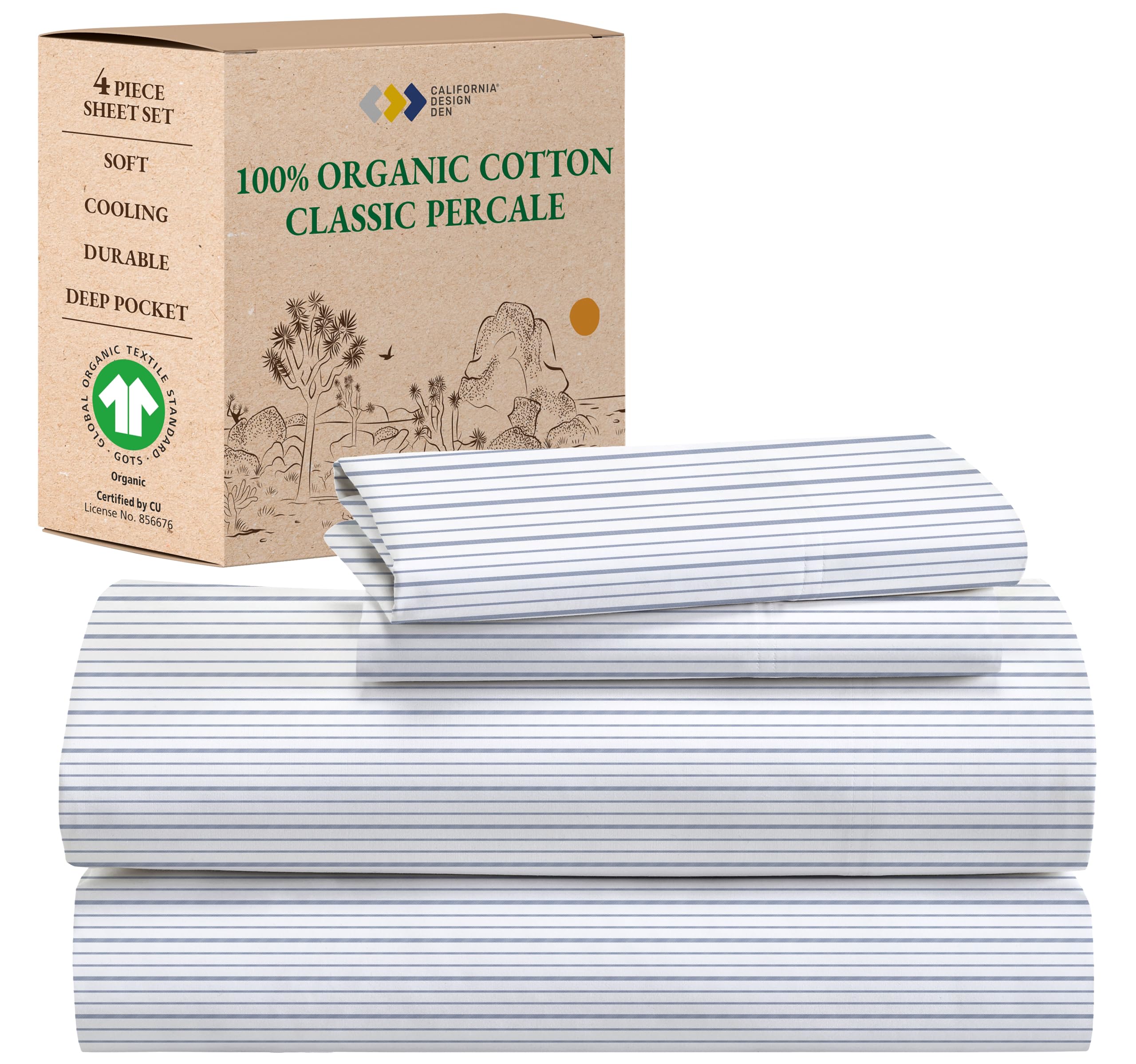 California Design Den Full Sheet Set Stripe, 100% Organic Cotton Percale Sheets, Deep Pocket Full Sheets & Pillowcase Set - Blue Stripe
