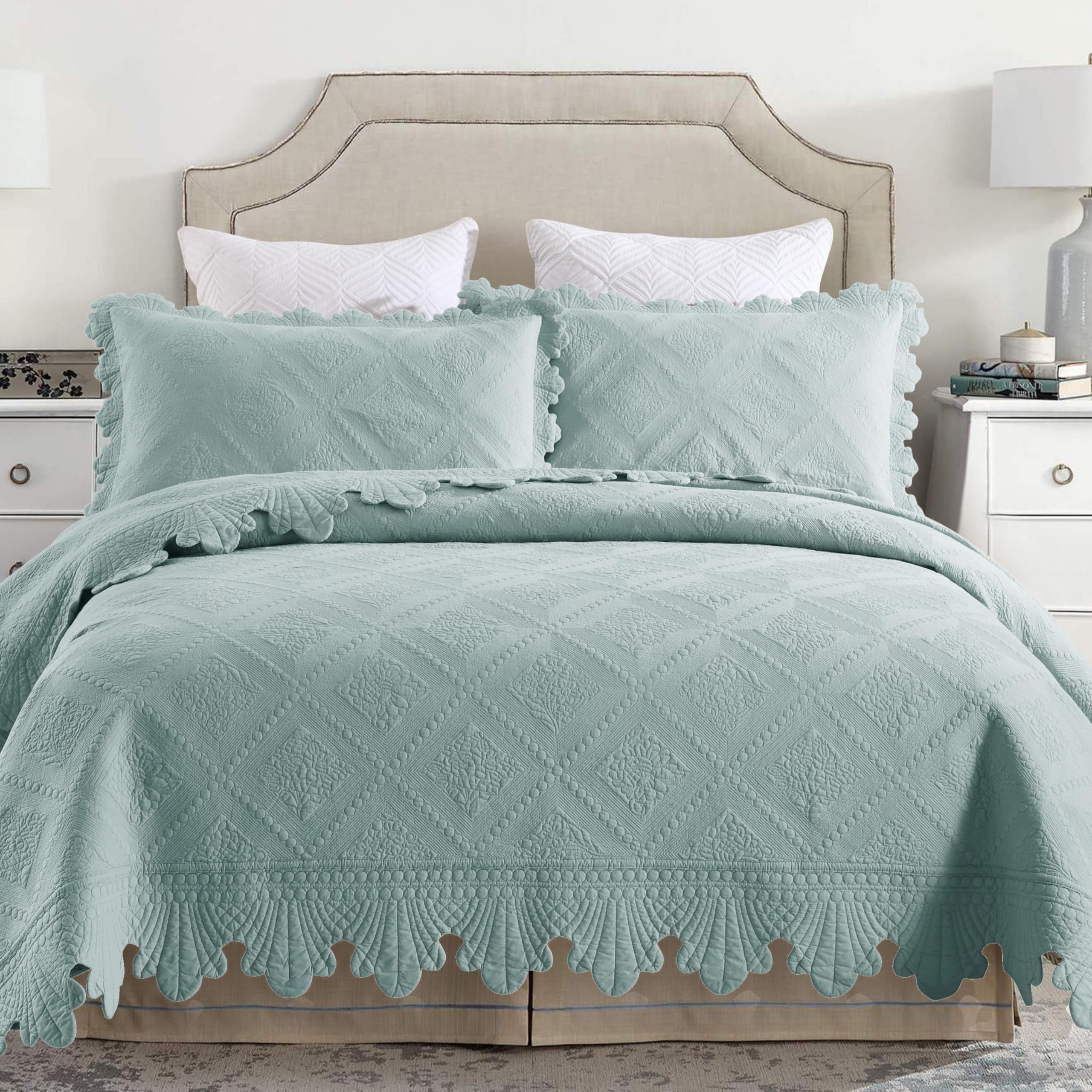 MarCielo 3-Piece 100% Cotton Oversized Bedspread Lightweight Quilt Coverlet Embroidery Farmhouse Bedding Set (Tk Aqua Green, Kin