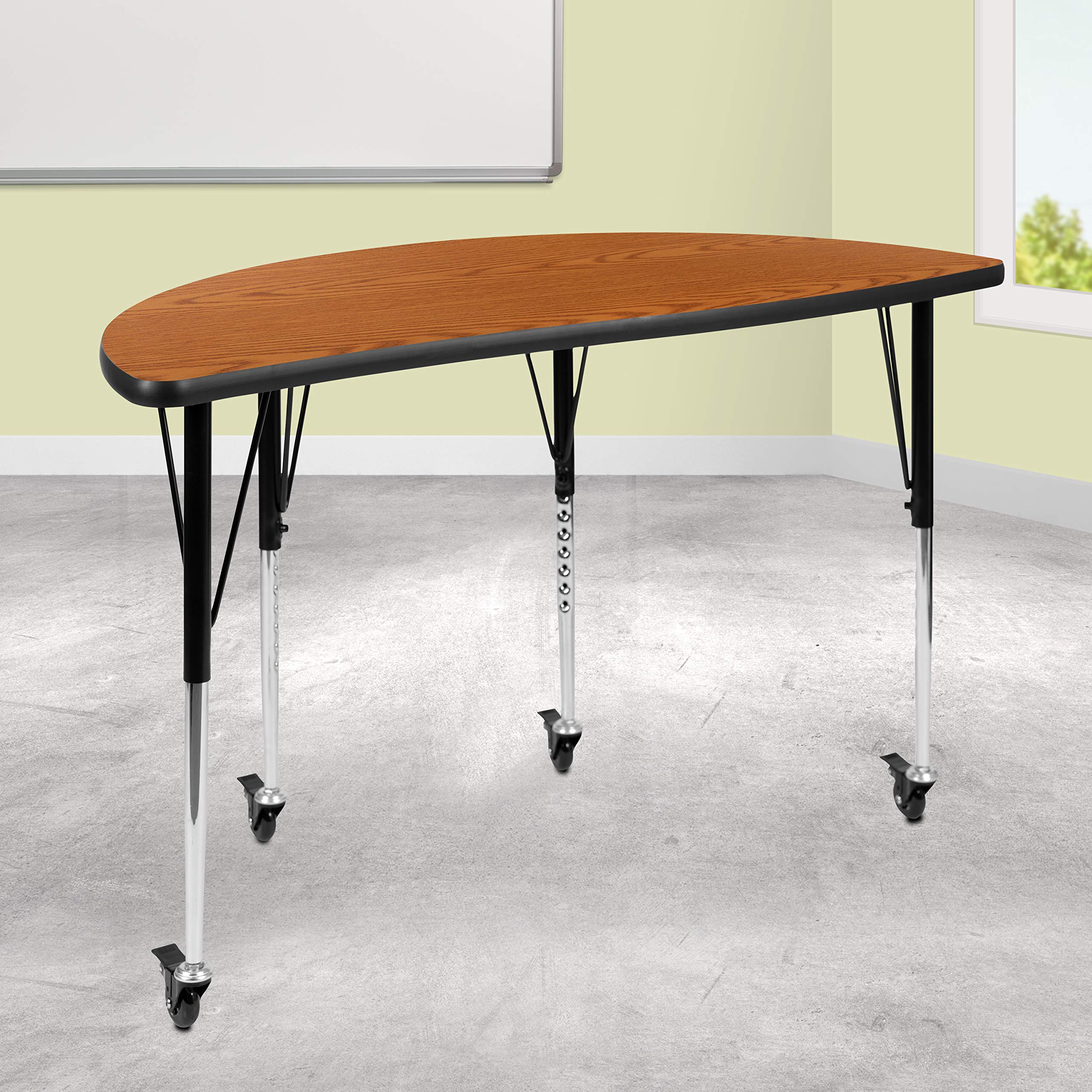 Flash Furniture Mobile 47.5 Half Circle Wave Collaborative Oak Thermal Laminate Activity Table - Standard Height Adjustable Legs