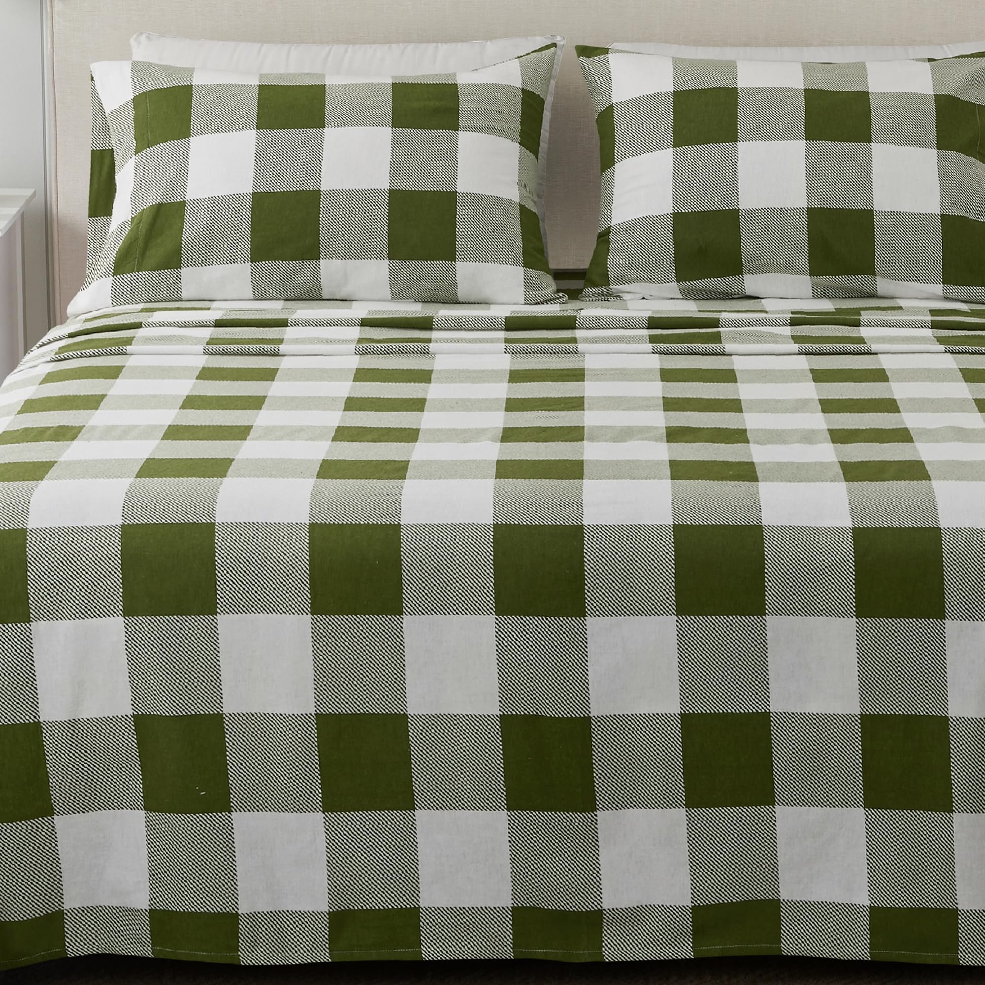 4 Piece 100% Turkish Cotton King Green Printed Flannel Sheets Set | Deep Pocket, Soft Sheets | Warm, Double Brushed Bed Sheets |