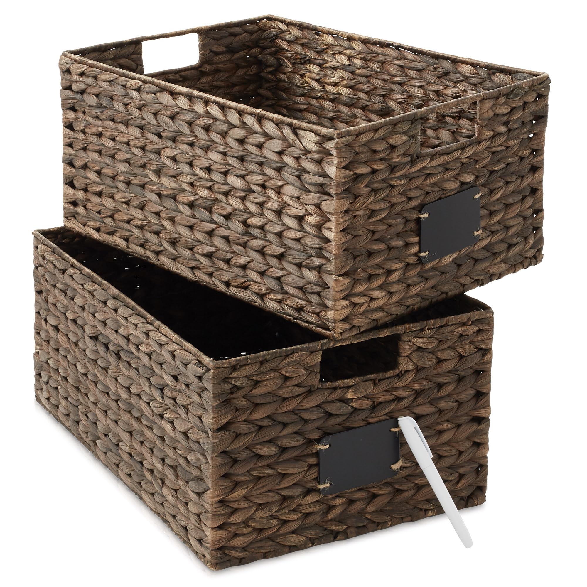 Casafield Set Of 2 Water Hyacinth Pantry Baskets, 12-1/2' X 17' X 8', With Chalkboard Labels And Chalk Marker - Espresso, Wov