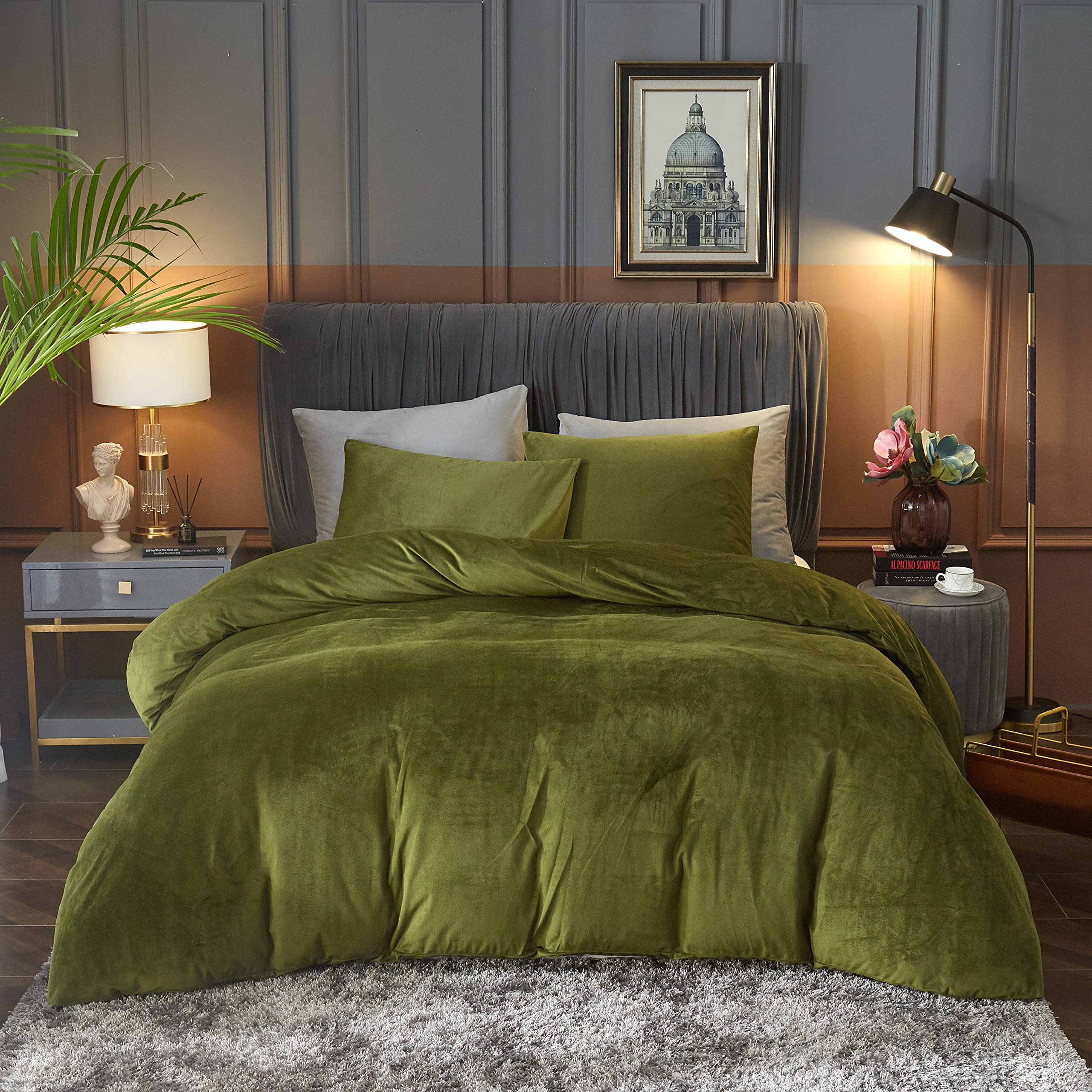 Ivellow Velvet Flannel Duvet Cover King Size Olive Green Comforter Cover Ultra Soft Breathable Cozy Velour Duvet Cover Solid Lux
