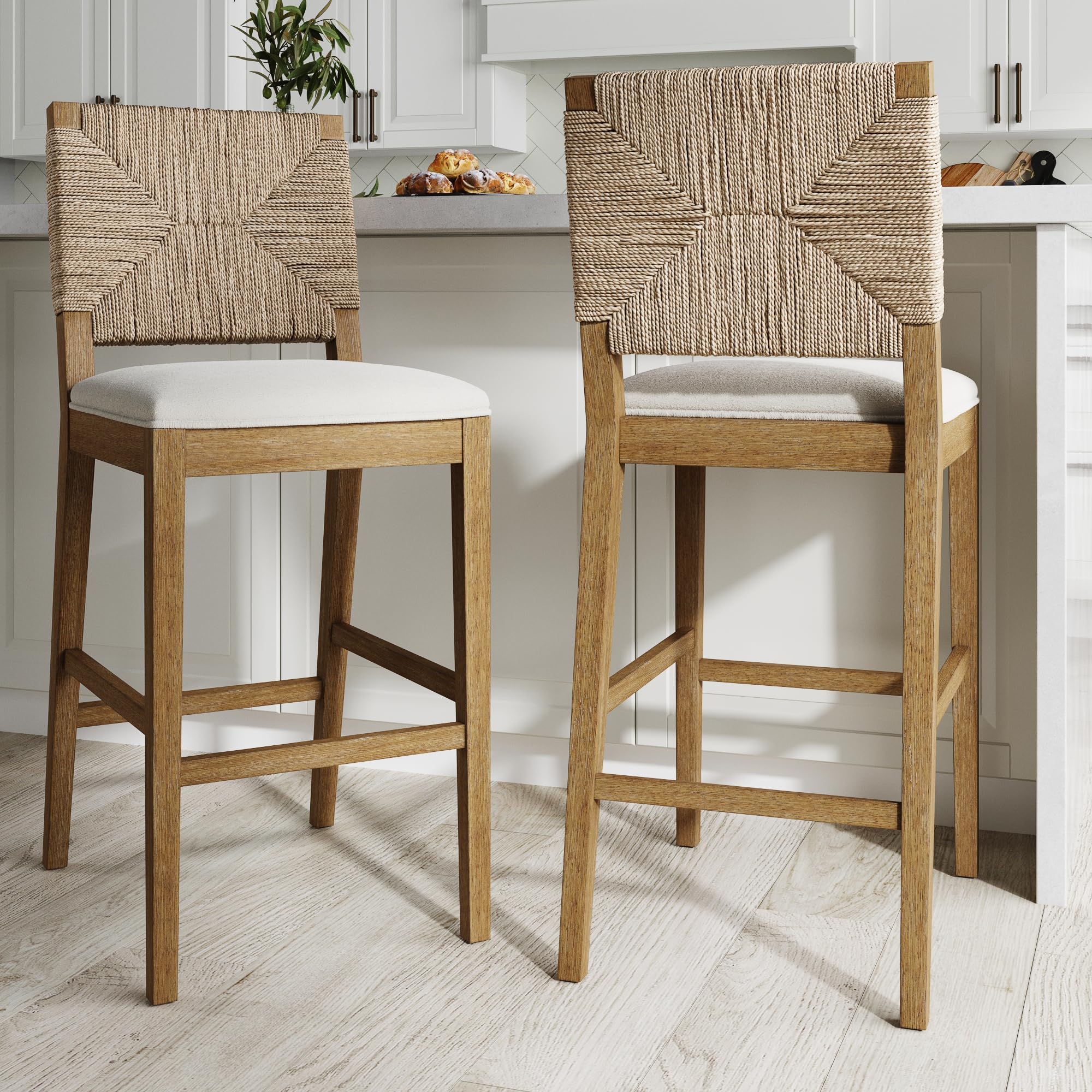 Nathan James Beacon Bohemian Boucle Bar Stool with Back, Bar Height Kitchen Island Chair, Seagrass Bar Stool, Cream Boucle/Brush