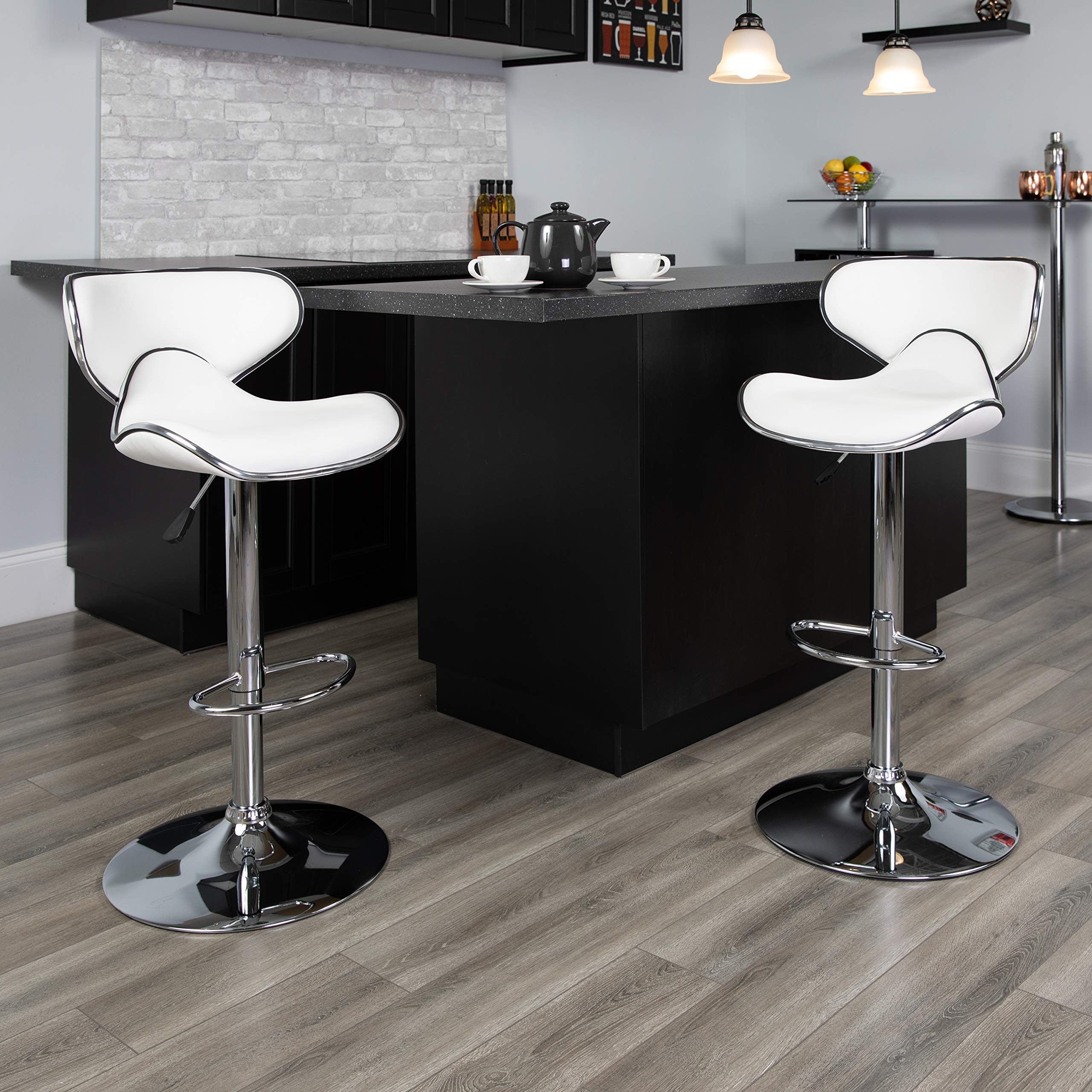 Flash Furniture Devin Contemporary Cozy Mid-Back White Vinyl Adjustable Height Barstool with Chrome Base