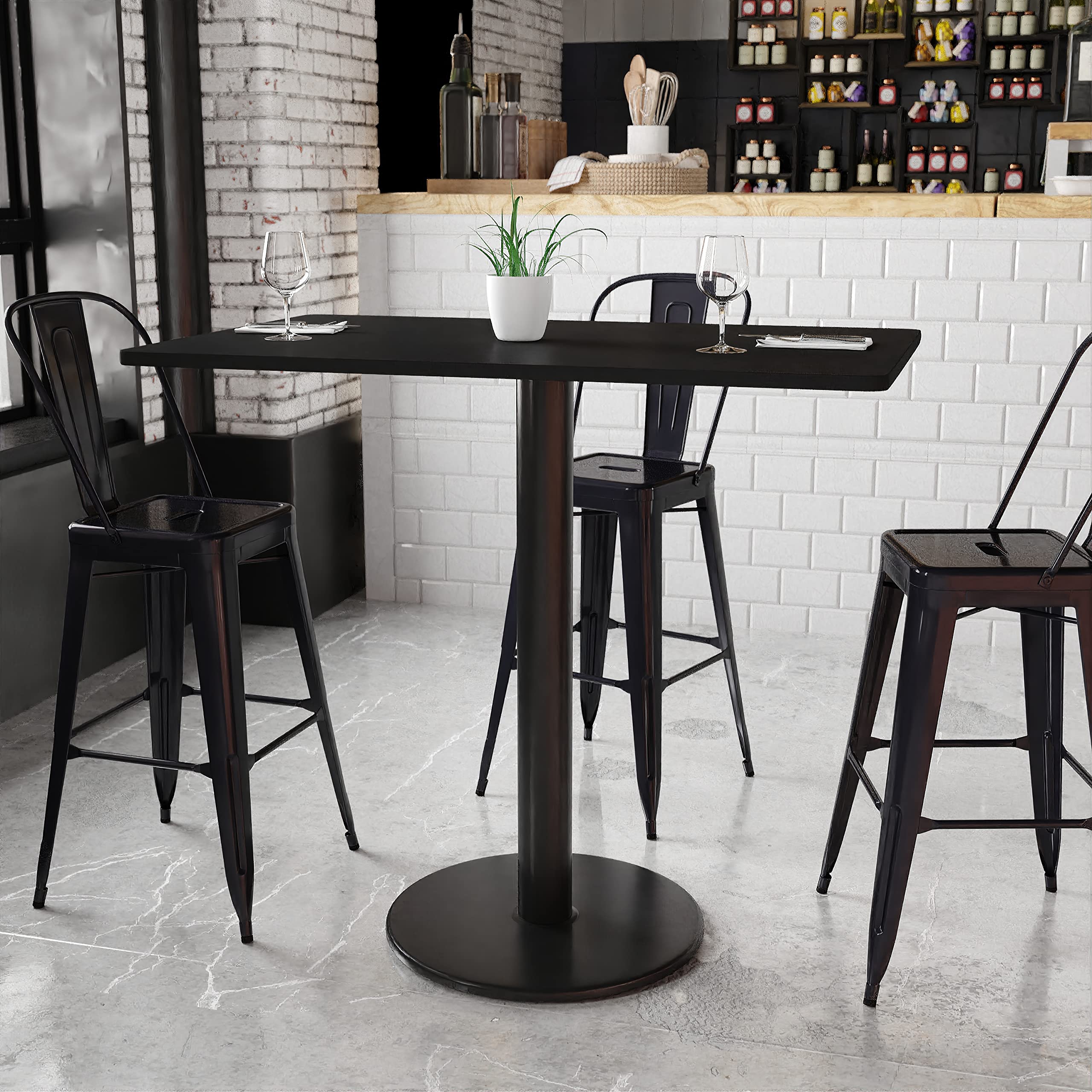 Flash Furniture 30'' x 48'' Rectangular Black Laminate Table Top with 24'' Round Bar Height Table Base