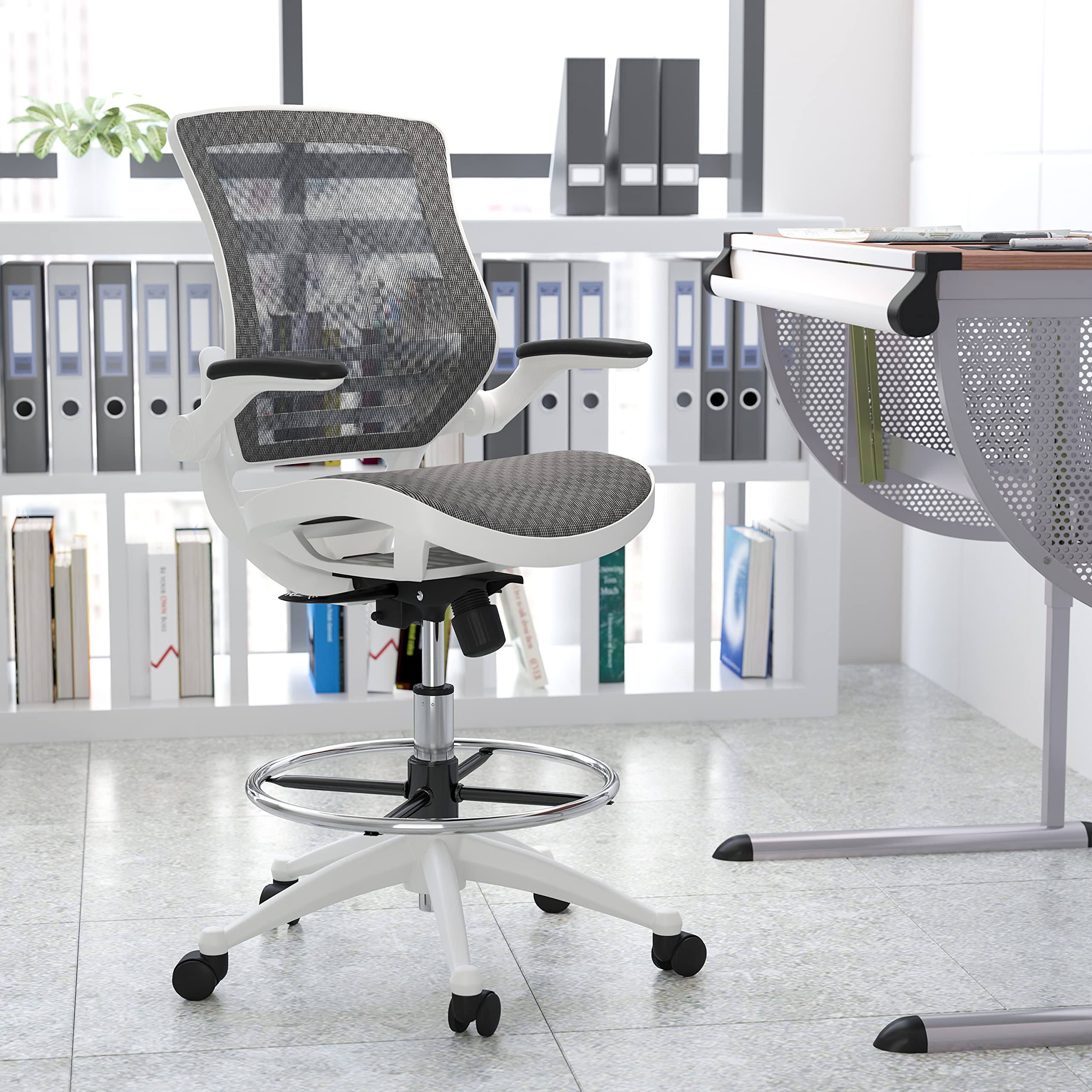 Flash Furniture Waylon Mid-Back Swivel Office Chair with Adjustable Foot Ring and Seat Height, Ergonomic Mesh Chair with Armrests, Gray/White