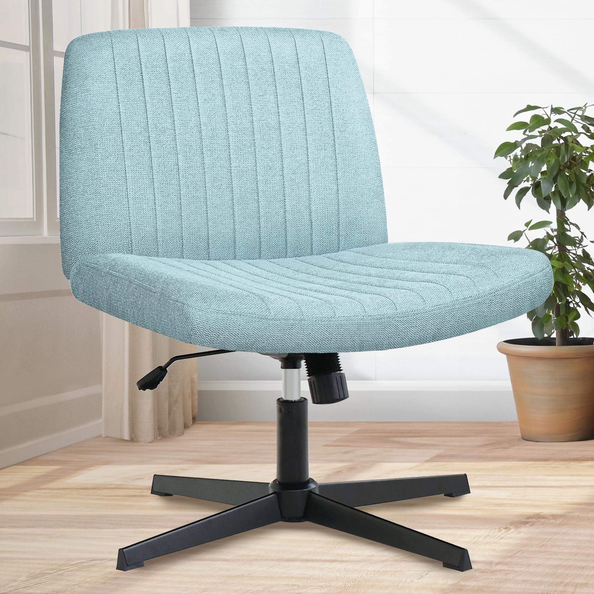 Orange Factory Criss Cross Chair No Wheel Wide Cross Legged Office Desk Vanity Chair Comfy Fabric Armless Adjustable Swivel for 