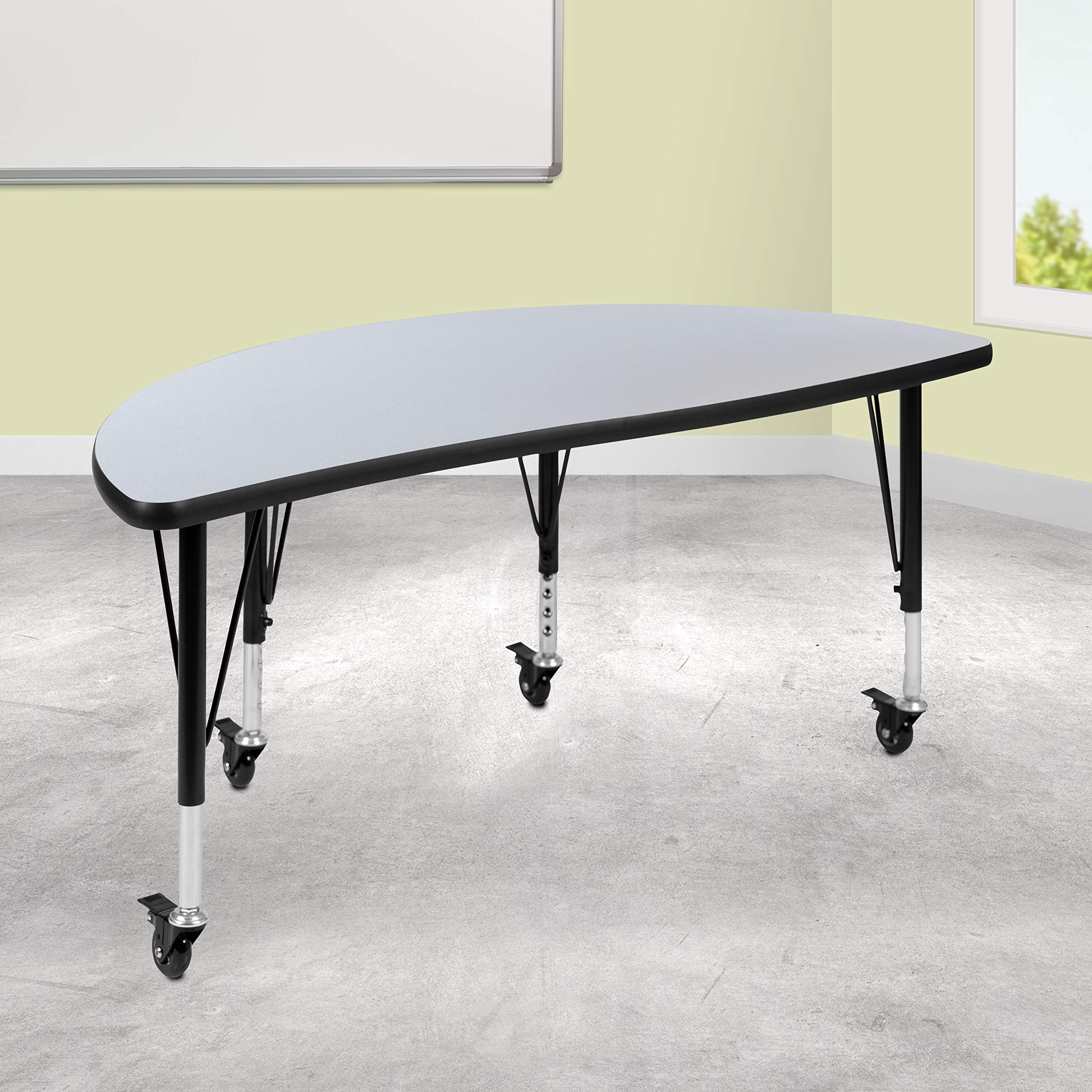 Flash Furniture Mobile 47.5 Half Circle Wave Collaborative Grey Thermal Laminate Activity Table - Height Adjustable Short Legs
