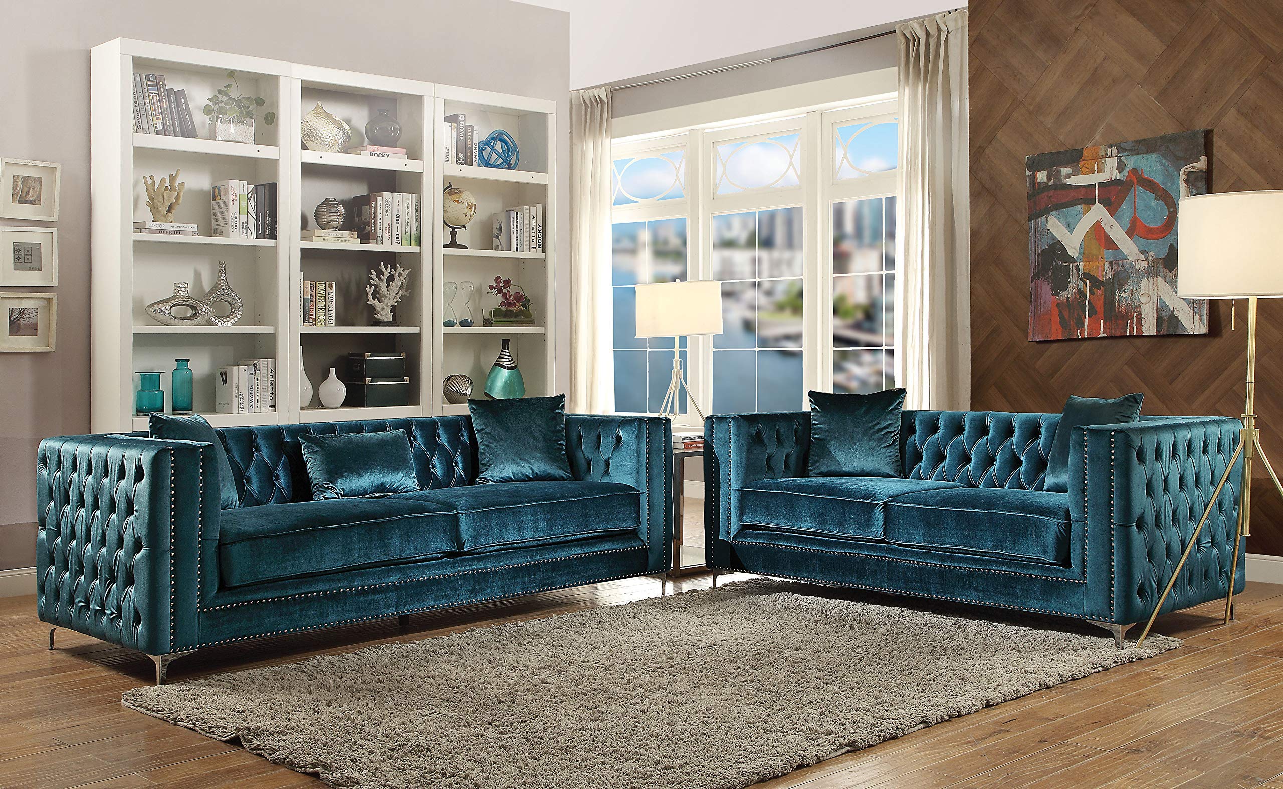 Acme Gillian Sofa AC-52790 Dark Teal Velvet Upholstery Metal Leg