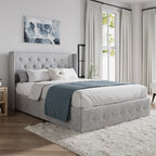 Sha Cerlin Full Size Lift Up Storage Bed/Button Tufted Wingback Headboard/Hydraulic Storage/Upholstered Platform Bed Frame/No Box Spring Needed/Wood Slats Support/Light Grey