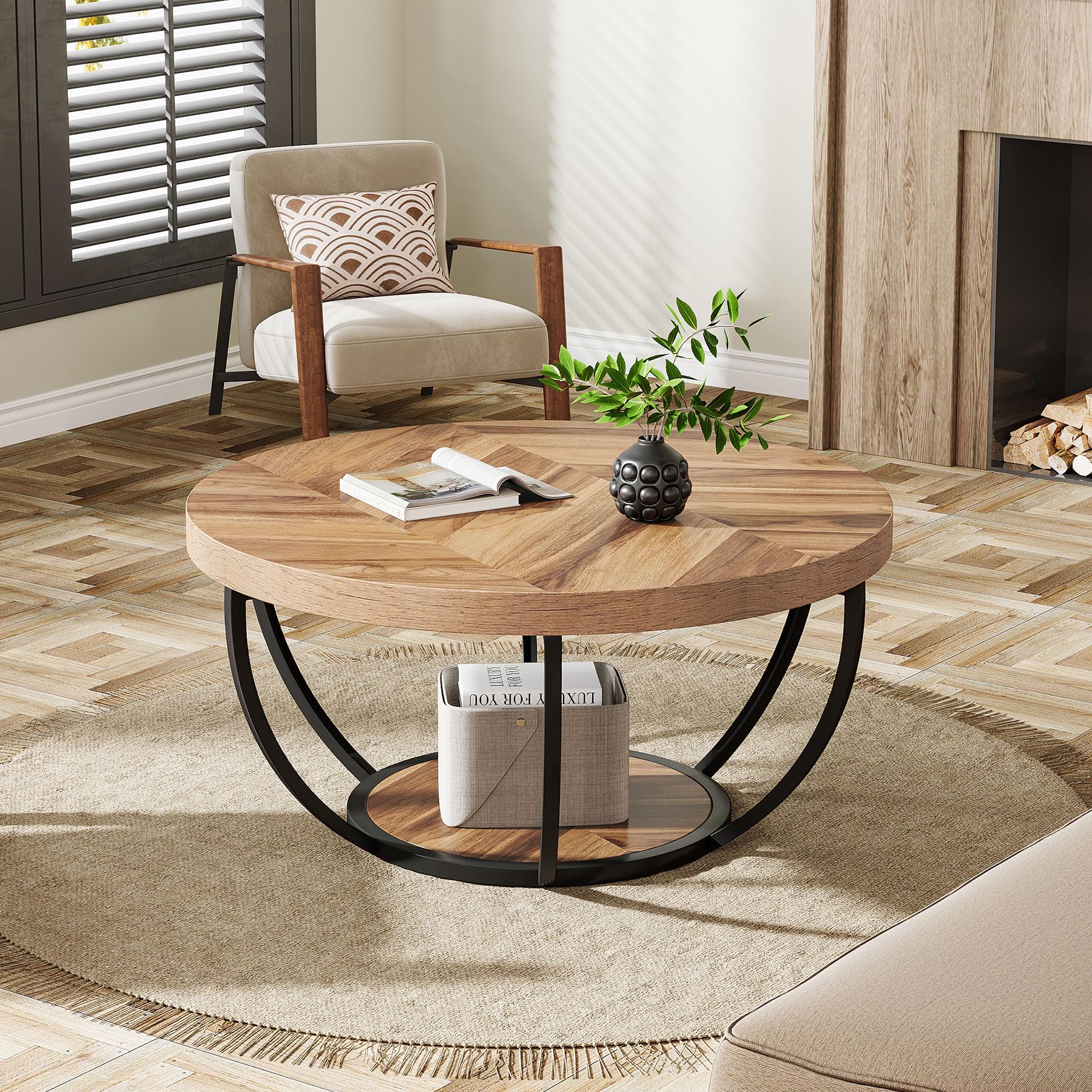 Tribesigns 31.7' Round Industrial Coffee Table With 2-Tier Storage Shelves, Modern Wood & Black Metal Accent Center Table For Living Room, Home Office – Easy Assembly