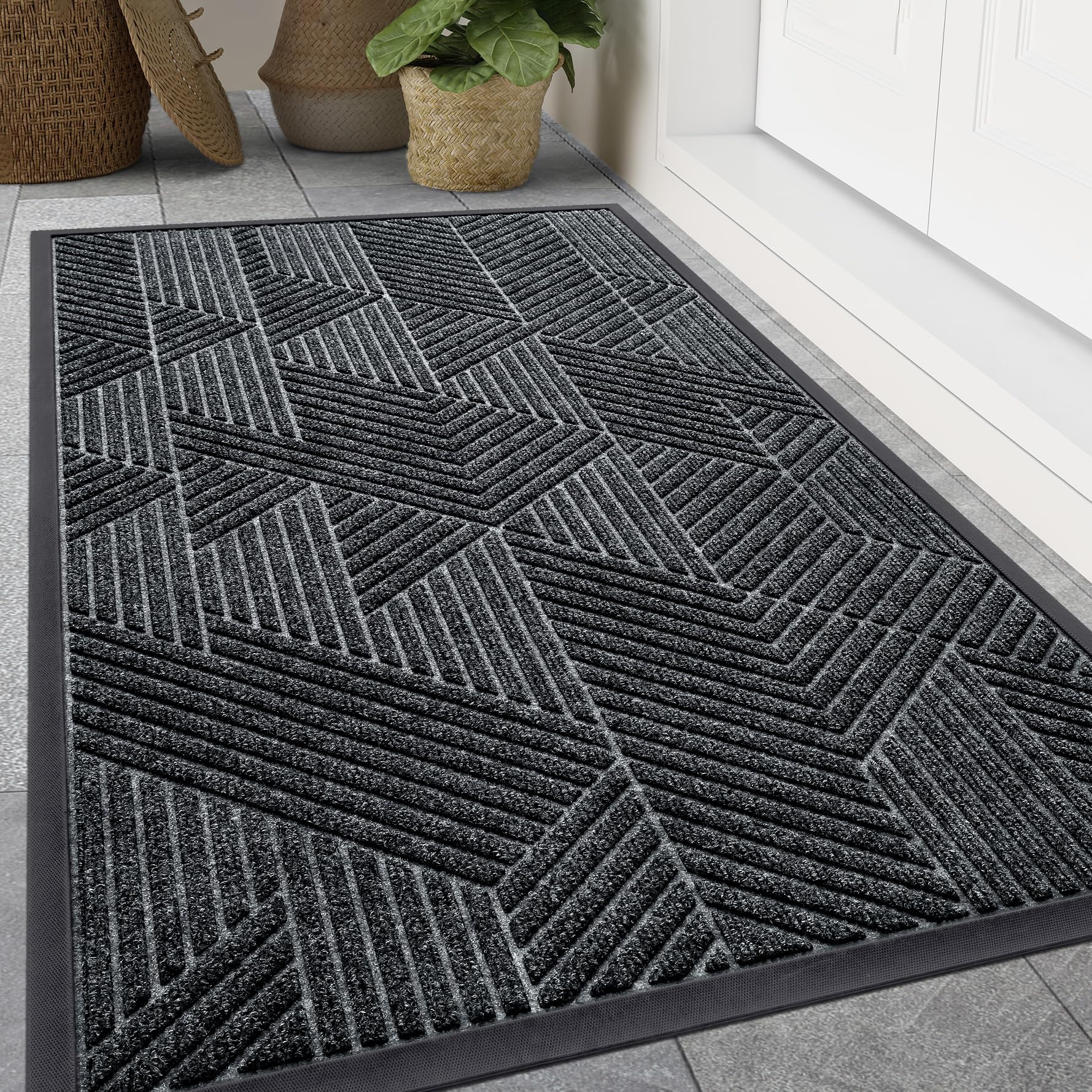 Smiry Front Door Mat Outside Entrance, Heavy Duty Natural Rubber Mat, Sturdy Trap Dirt And Moisture Indoor Outdoor Door Mat, Easy Clean Low Profile Doormat Outdoor Entrance, 47X24 Inch, Grey