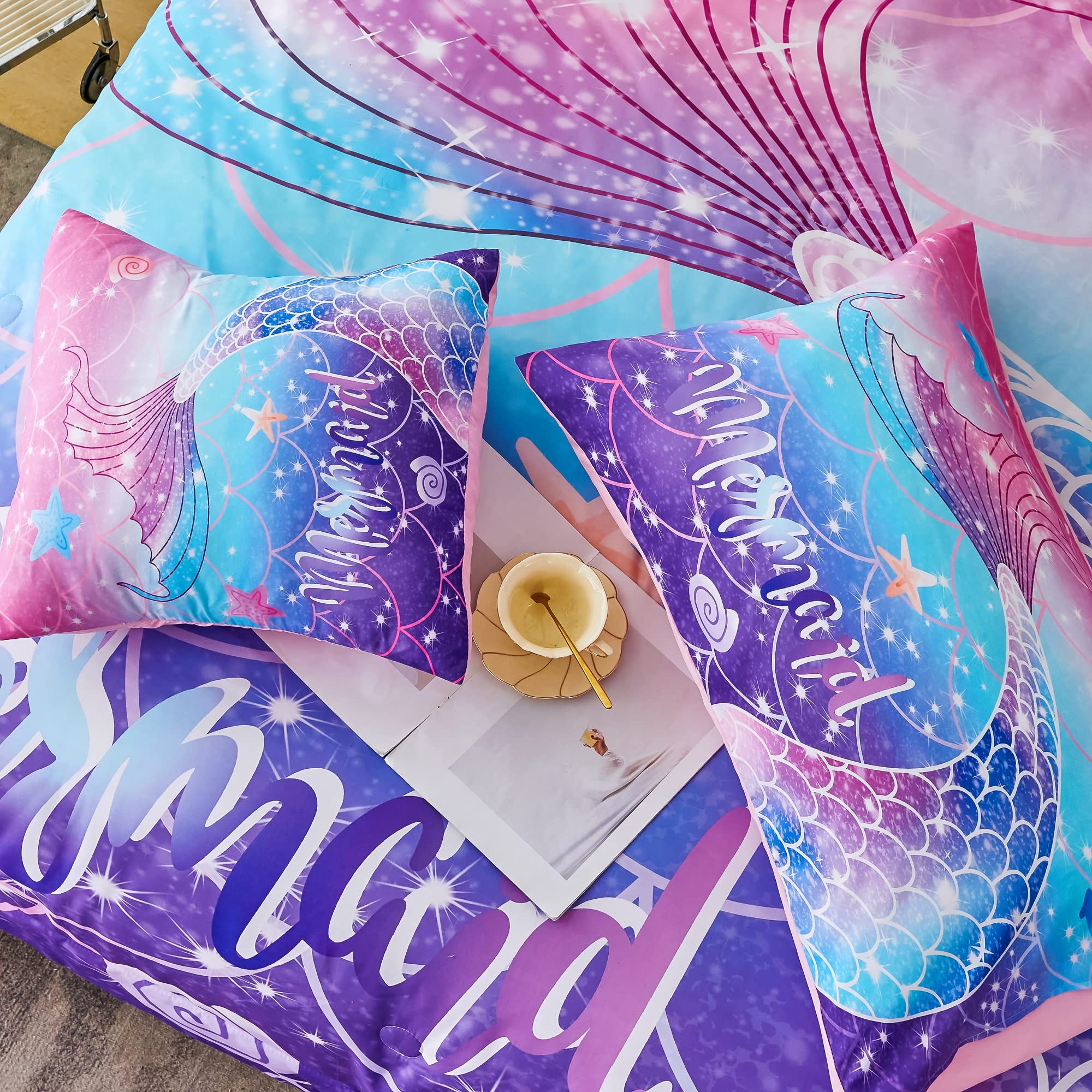 Rynghipy Mermaid Comforter Set 6Pcs, Kids Gilrs Bed In A Bag Twin Size, Mermaid Tail Print Teens Girls Bedding Set, Rainbow Bedd
