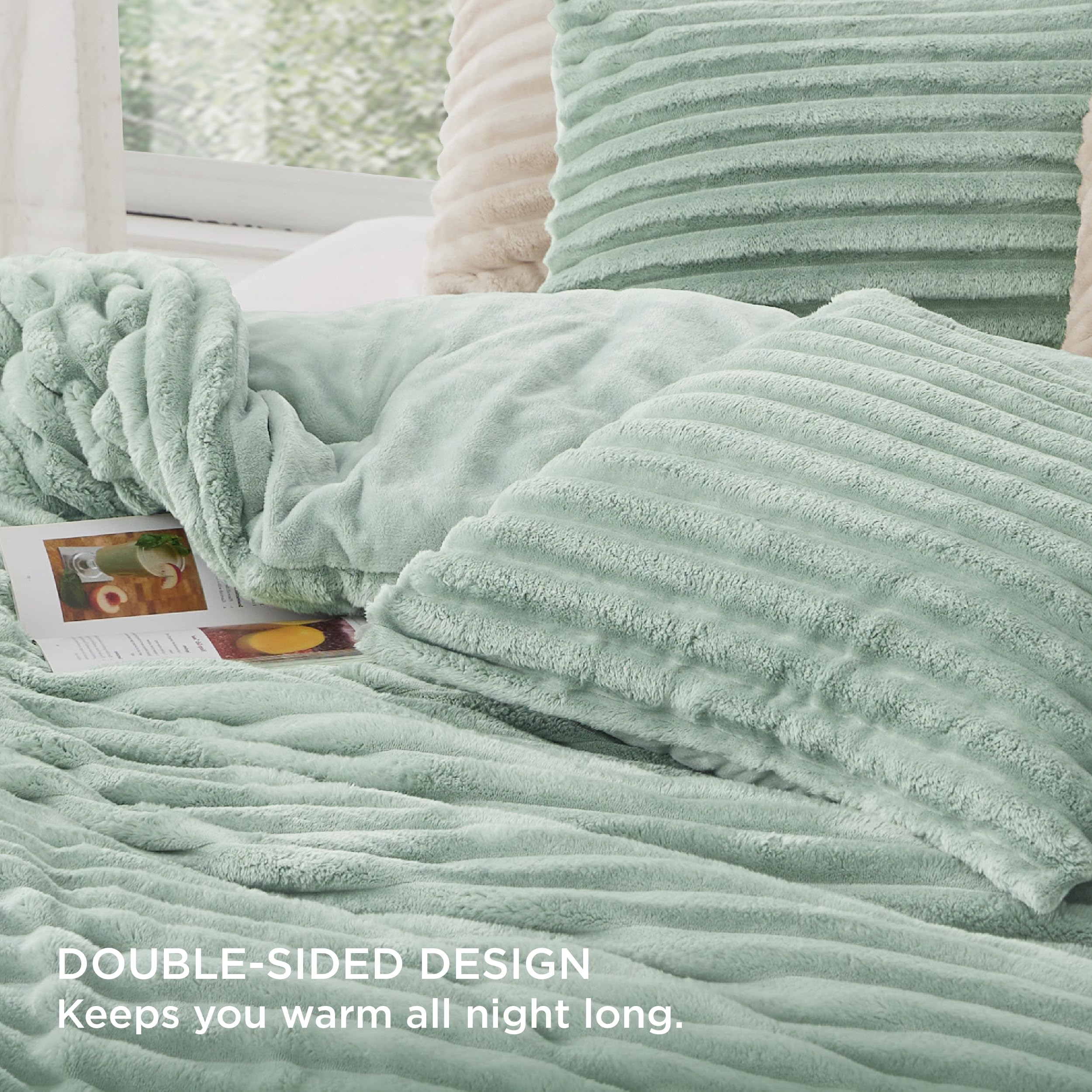 Bedsure Fluffy Comforter Set King Size - Super Soft Faux Fur Bed Set Sage Green, Winter Warm Plush Fleece Bedding, 3 Pieces, 1 Shaggy Fuzzy King Comforter With 2 Pillowcases