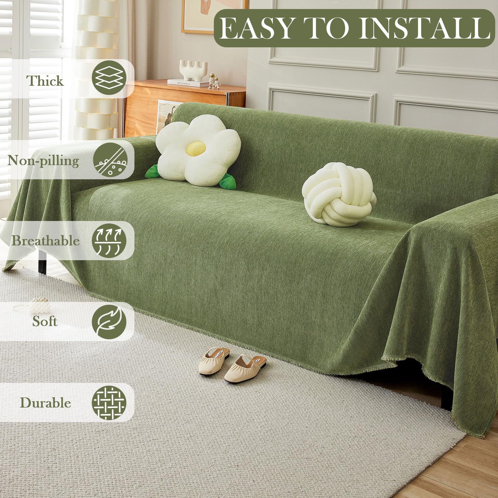 Handontime Green Sofa Cover Vintage Couch Cover For Dogs 91' X134' Couch Cushion Covers With Tassel Herringbone Sofa Cover Boho Sofa Covers For 3 Cushion Couch Chenille Soft Loveseat Sofa Covers