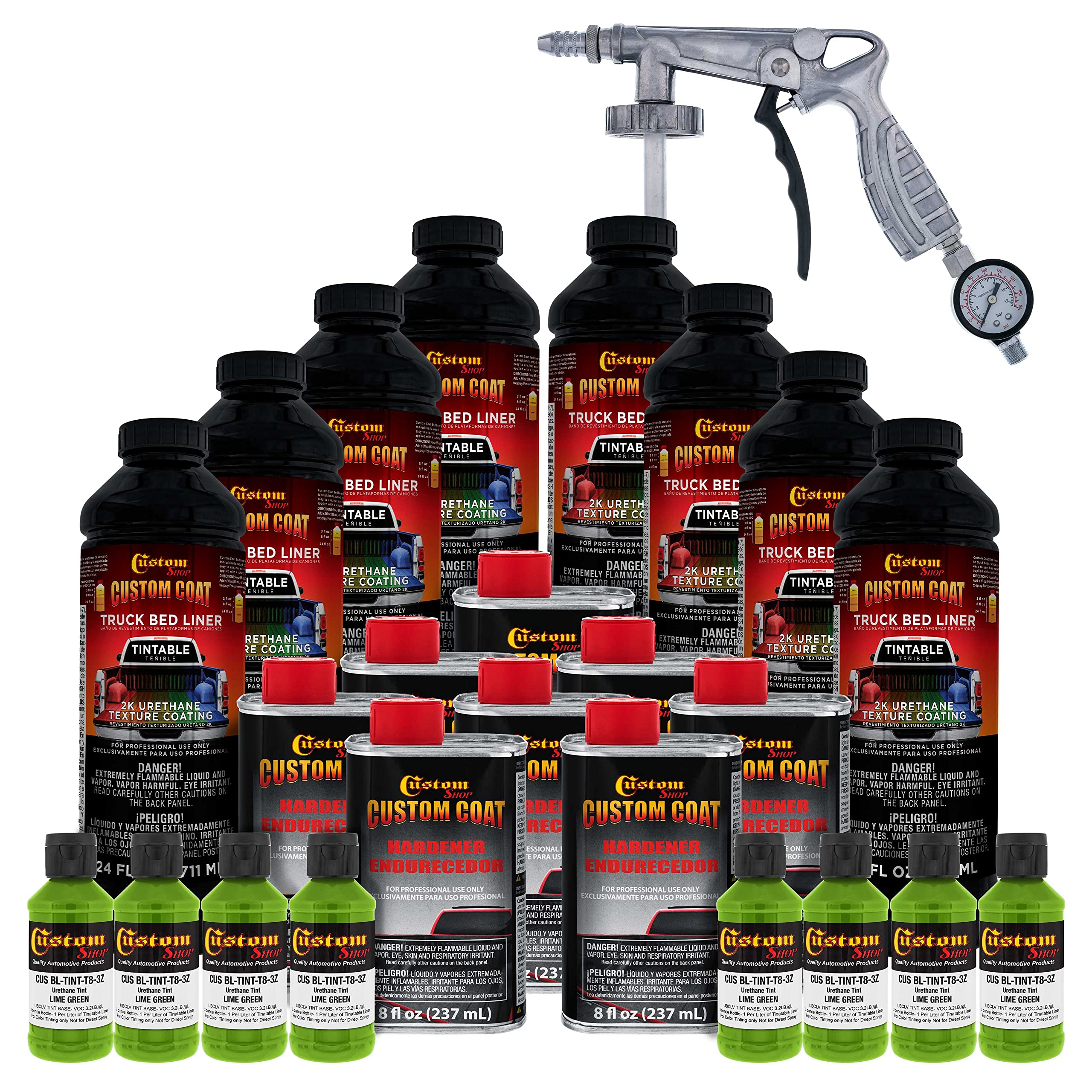 Custom Coat Lime Green 2 Gallon (8 Quart) Urethane Spray-On Truck Bed Liner Kit With Spray Gun And Regulator - Easy Mixing, Shak