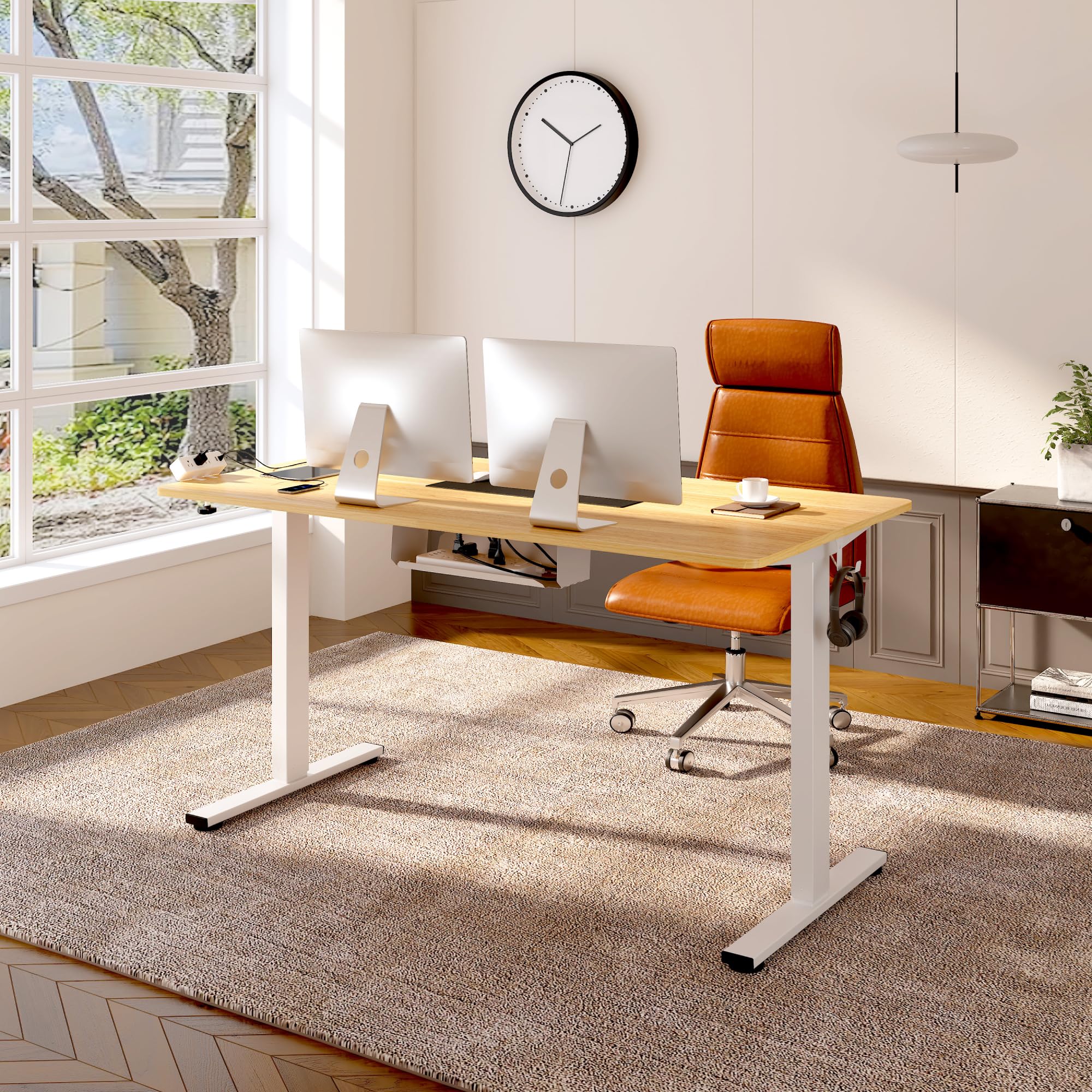 FLEXISPOT EN2 Electric Standing Desk with Clamp Power Strip, 48" Maple Top, White Frame, Height Adjustable