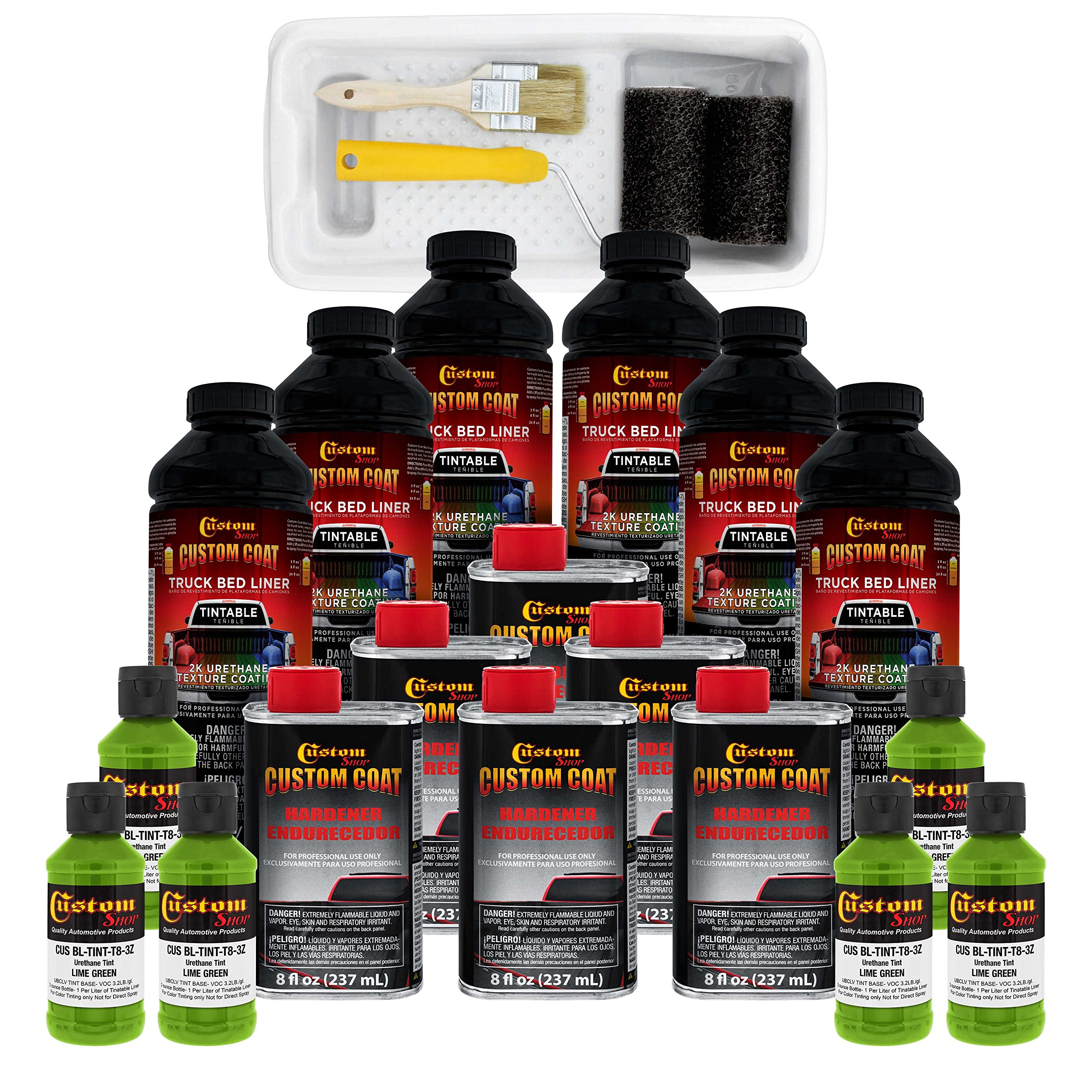 Custom Coat Lime Green 1.5 Gallon (6 Quart) Urethane Roll-On, Brush-On Or Spray-On Truck Bed Liner Kit With Roller And Brush App