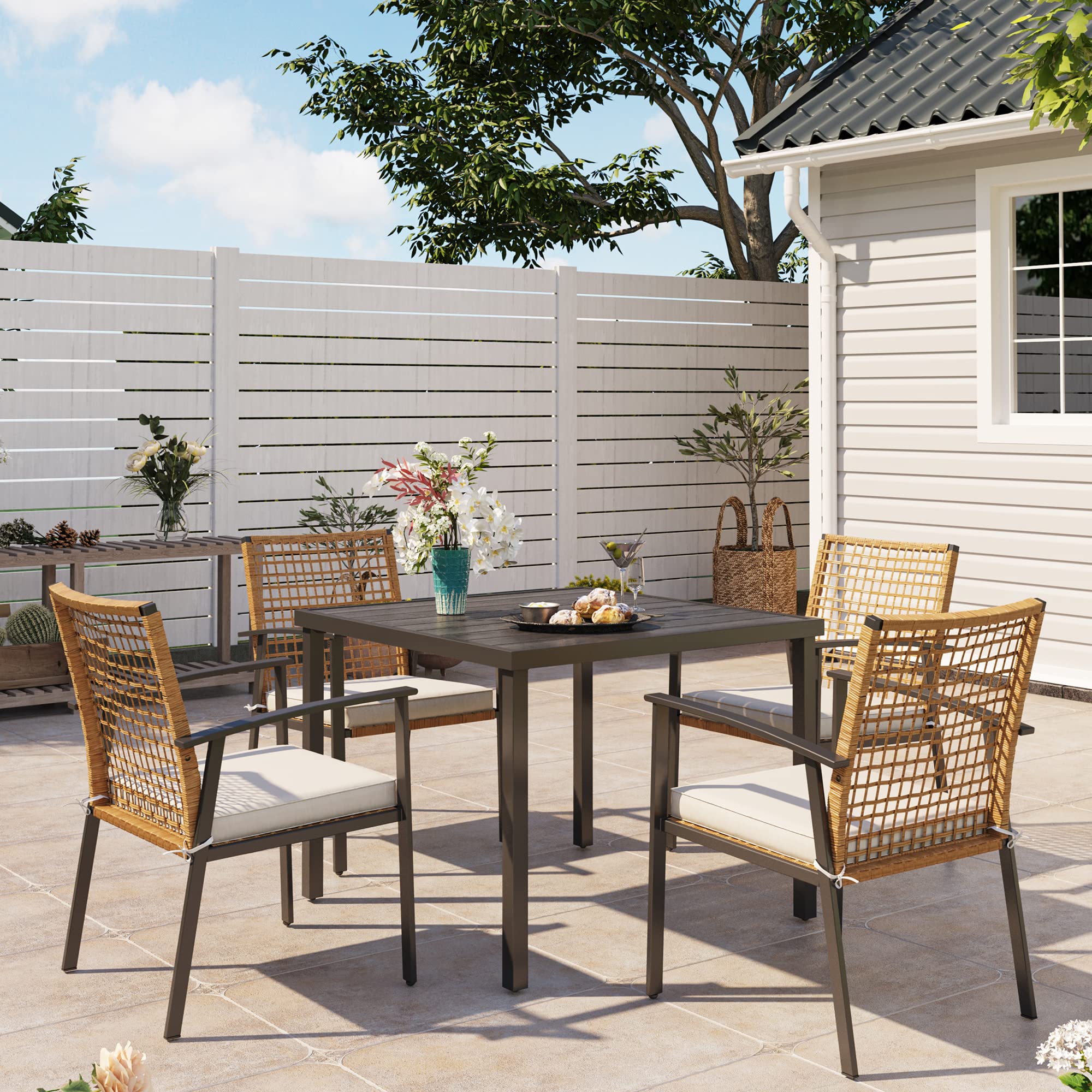 Lausaint Home 5 Pieces Outdoor Patio Dining Set, Wicker Patio Furniture Set Of 4 Chairs With Soft Cushion And Square Table With Umbrella Hole, Conversation Set For Backyard, Garden And Poolside