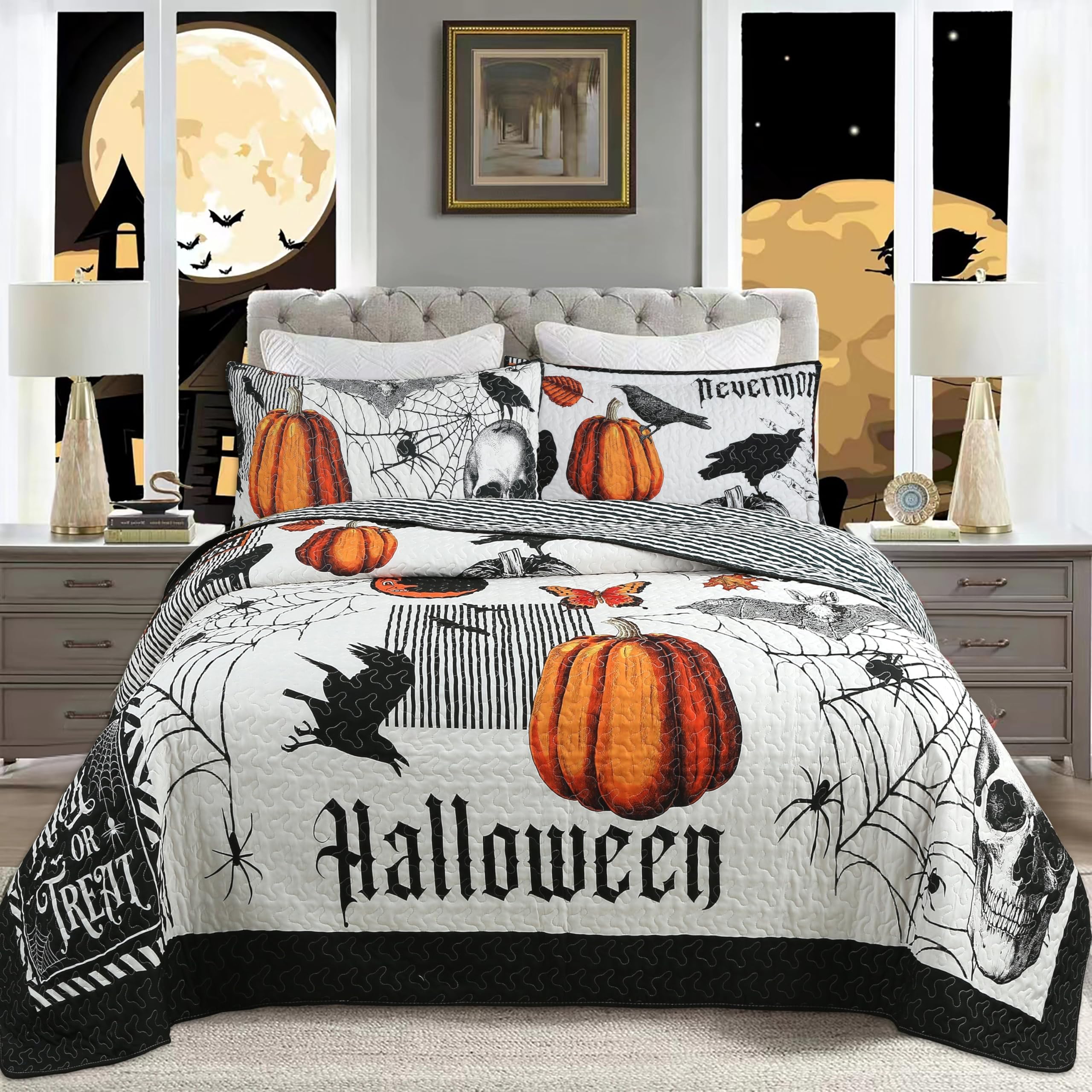 MarCielo 3 Pcs Halloween Themed Quilt Bedspread Set - Cozy and Spooky Pumpkin and Ghost Pattern ME500 (Halloween, King)