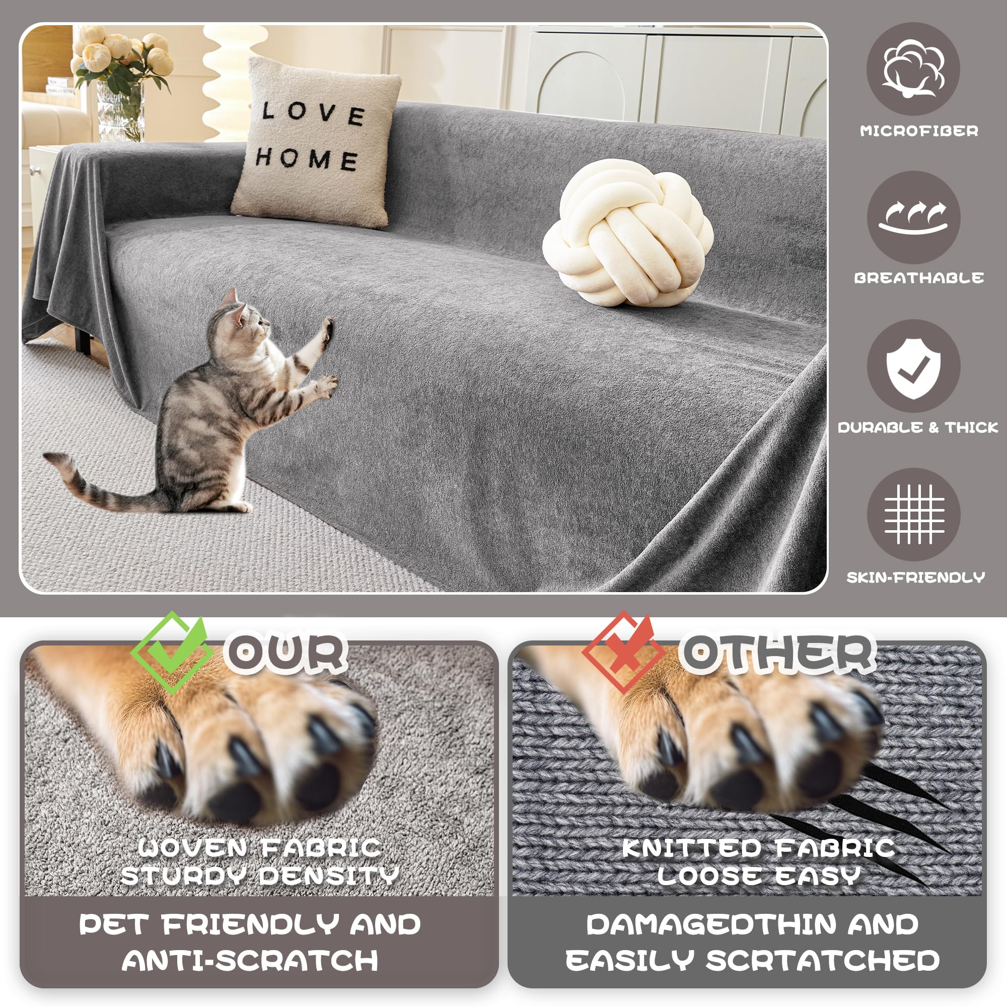 Mysky Home Couch Cover Sofa Covers For 3 Cushion Couch, Dog Couch Cover Protector For Sectional Sofa Covers, Non Slip Couch Protector Sofa Covers Washable Sofa Towel For Pet Cat Dog, 91' X 134', Grey