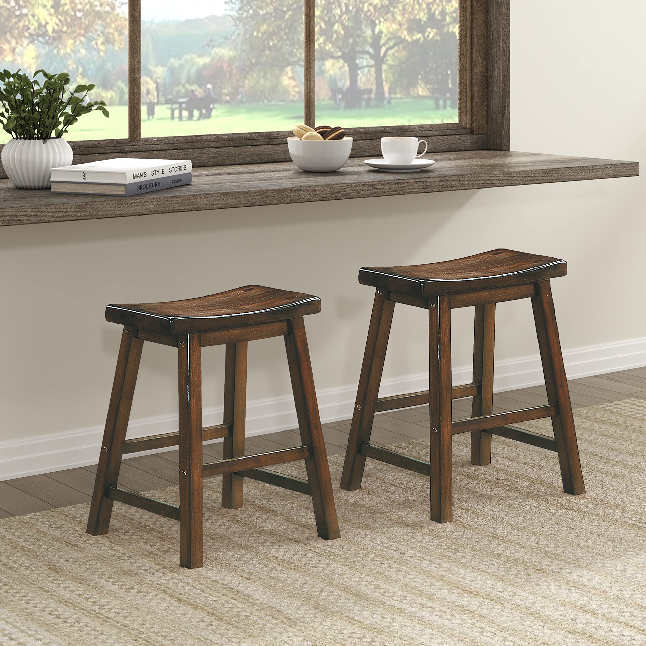 Lexicon Finnian Saddle Solid Wood Table Height Stool Set of 2 - Saddle Kitchen Stool Dining Height Stools for Dining, Armless Co