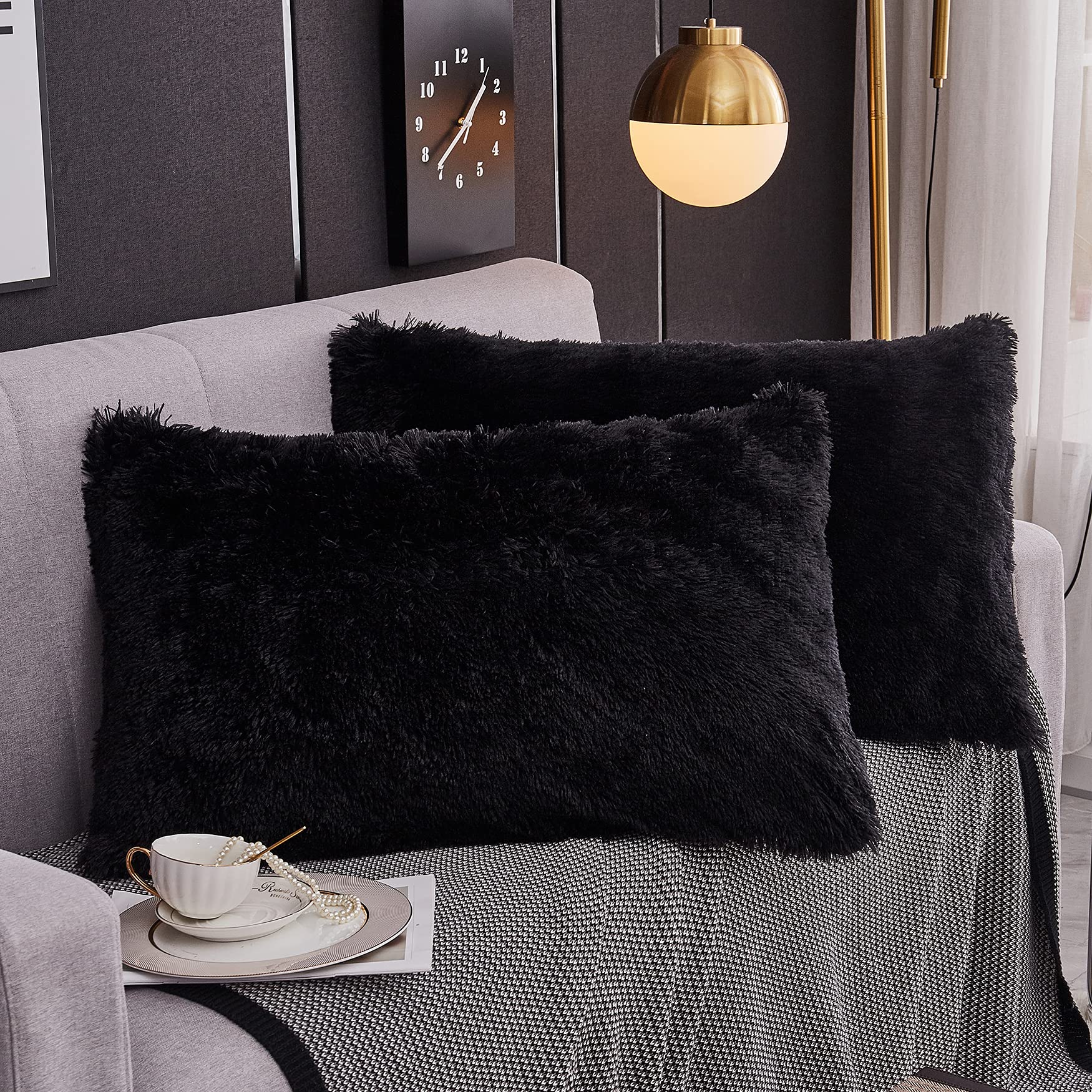 Werdim Shaggy Fluffy Faux Fur Pillowcases 2 Pack Button Closure Velvet Pillow Shams King Size (Black, 20 X 36 Inches)