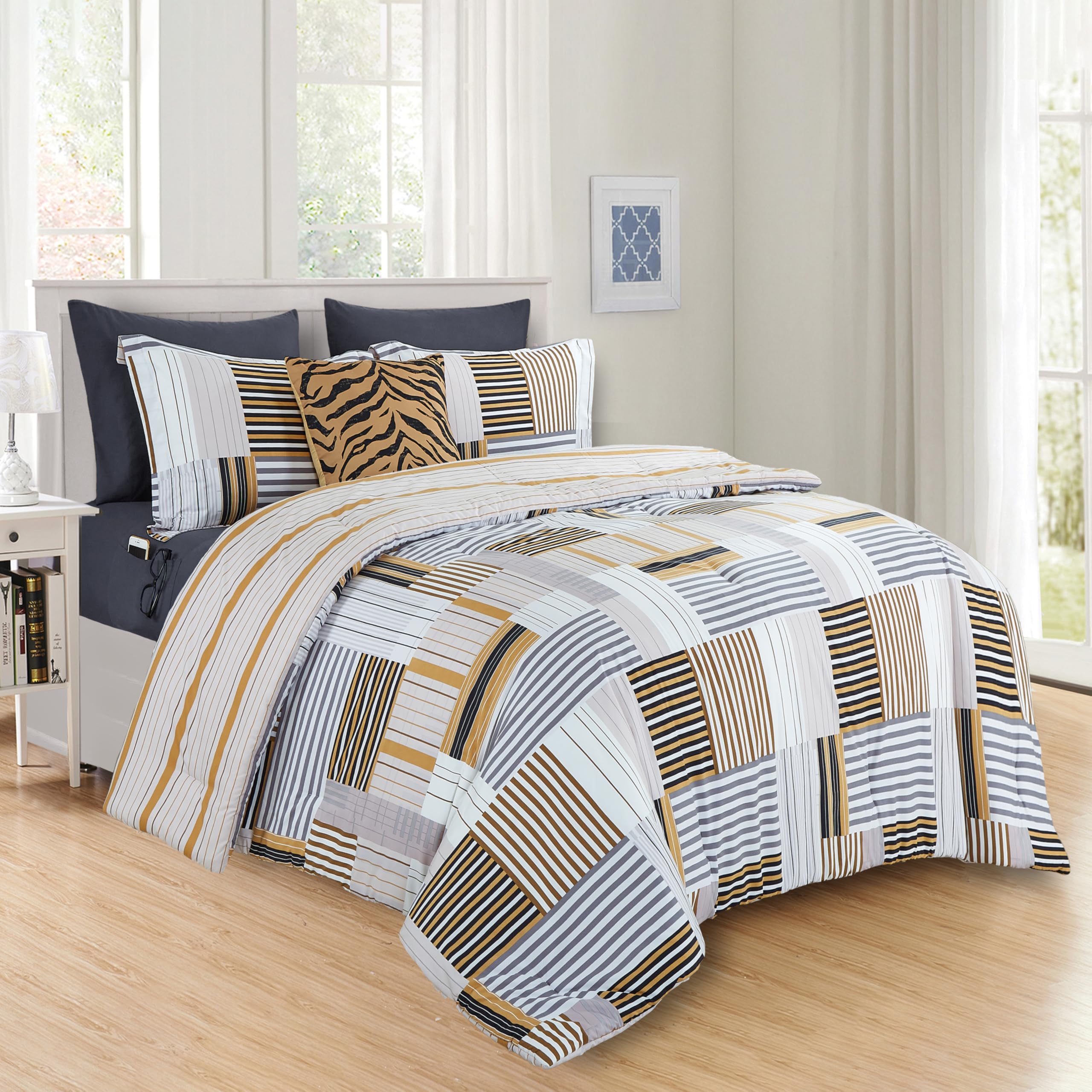 Elegant Comfort 8- Piece Animal Print Patch Reversible Comforter Set Bed-In-A-Bag Set - Silky Soft Complete Set Includes Bed She