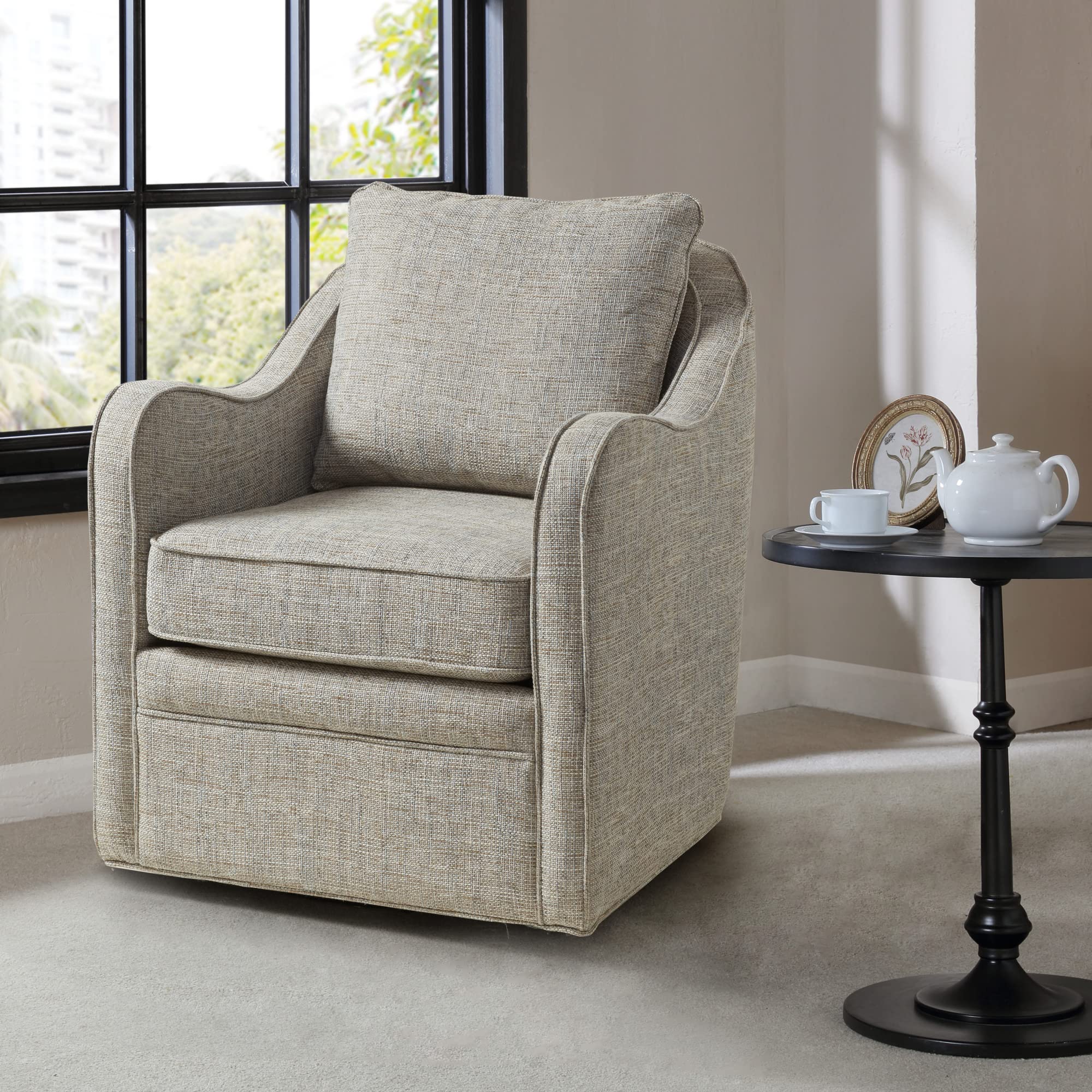 Madison Park Brianne Swivel Accent Chair, 360 Degree Armchair with Metal Base Stand, Pillowback Support, Slub Weave, Wide Seat for Nursery or Living Room Fully Assembled, Grey