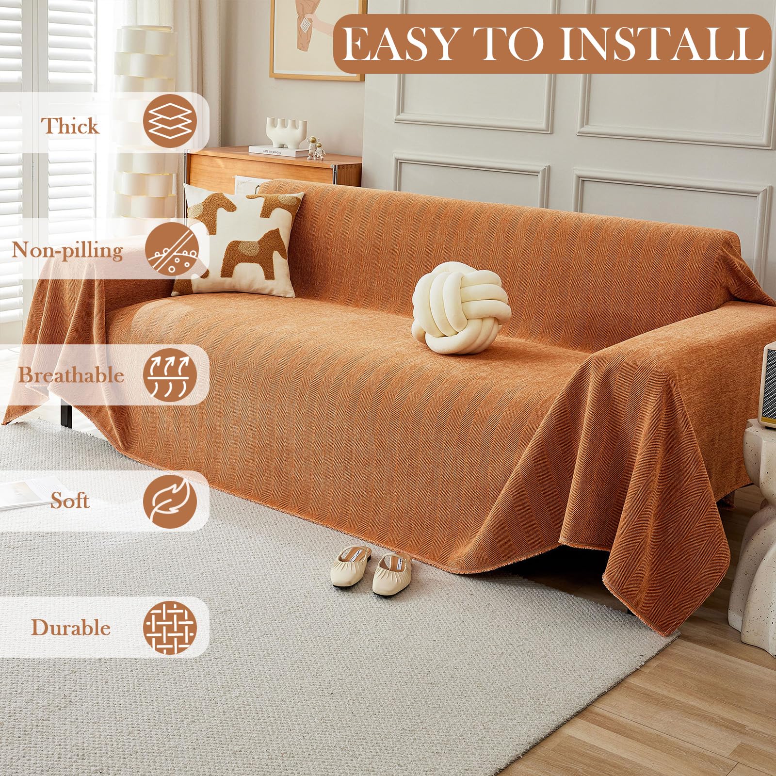 Handontime Dark Orange Sofa Covers Couch Cover For Dogs Colorful Tassel Sofa Seat Cover Lovetseat Cover Pet Couch Cover Bohemian Sofa Cover For Couch Vintage Boho Couch Covers Futon Cover, 91' X118'
