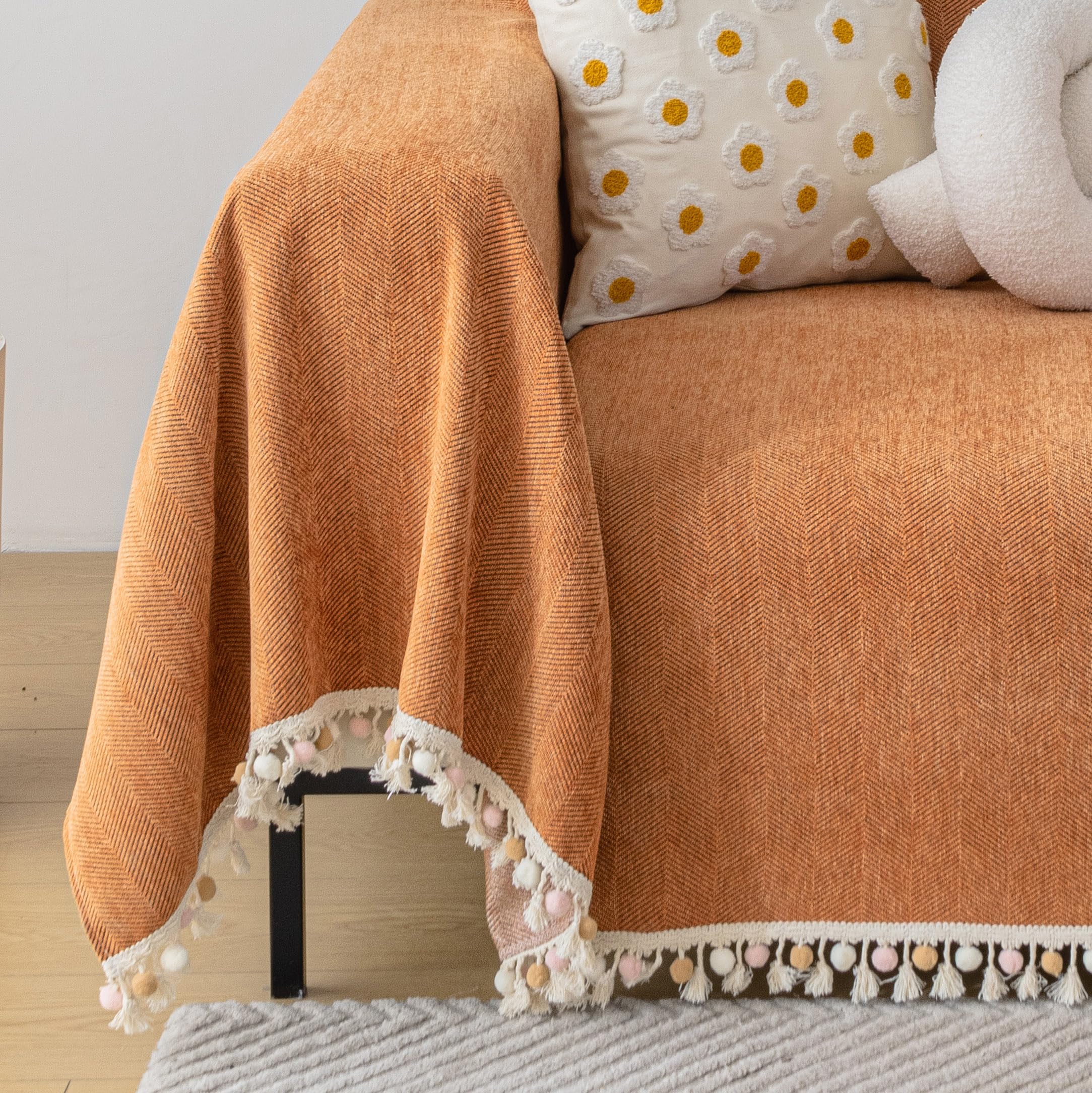 Handontime Dark Orange Sofa Covers Couch Cover For Dogs Colorful Tassel Sofa Seat Cover Lovetseat Cover Pet Couch Cover Bohemian Sofa Cover For Couch Vintage Boho Couch Covers Futon Cover, 71' X118'