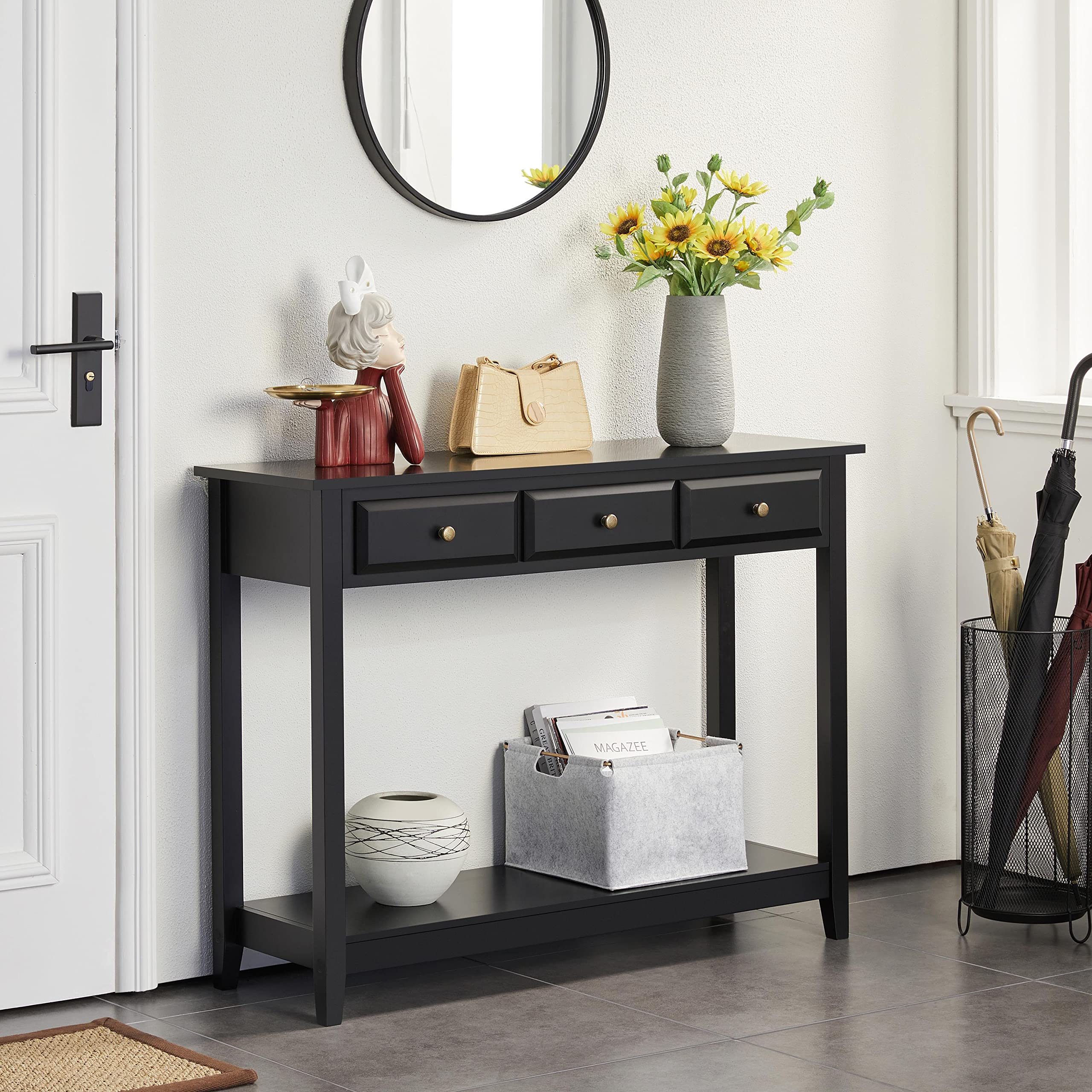 Yaheetech Black Console Table with 3 Drawers, 42 Entryway Table for Living Room, Hallway, Foyer, Narrow Design with Storage Shelf