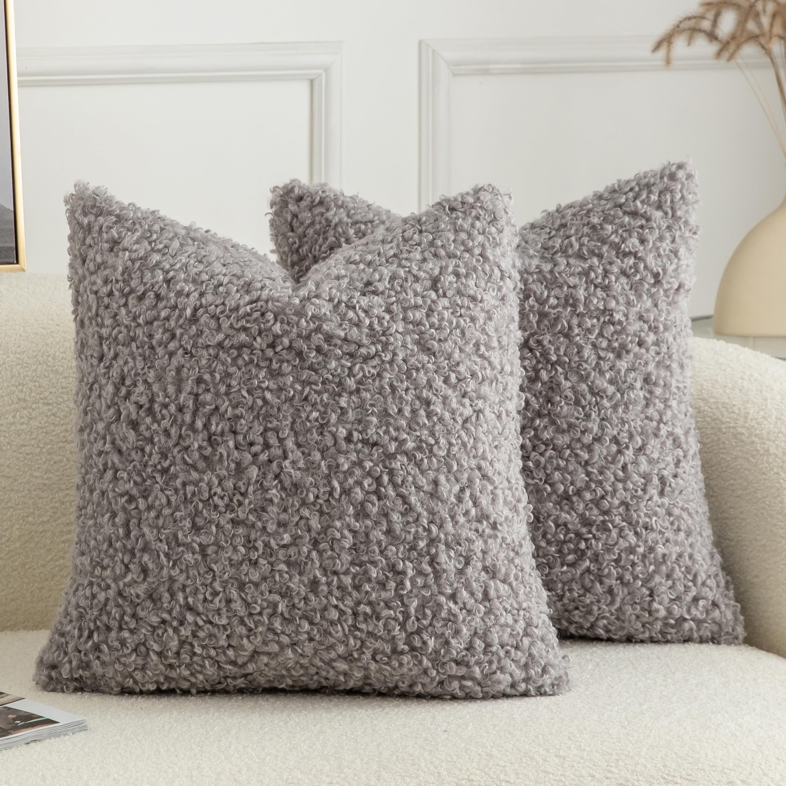 Joyouth Pack of 2 Curly Teddy Wool Faux Fur Throw Pillow Covers Fuzzy Accent Soft Sherpa Pillowcases Sheepskin Fleece Decorative
