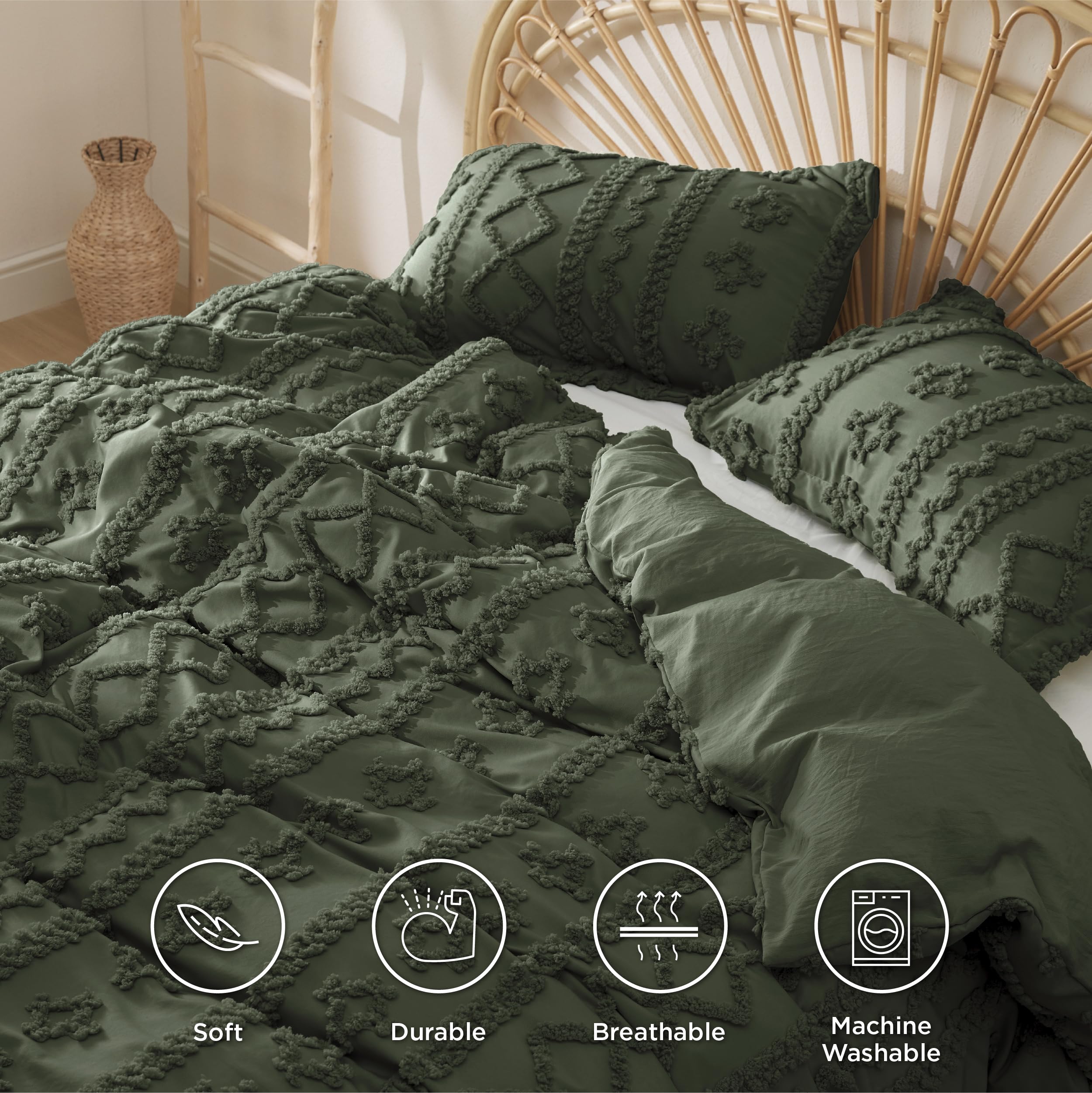 Bedsure Twin/Twin Xl Duvet Cover - Boho Duvet Cover Twin Size For All Seasons, 2 Pieces Soft Shabby Chic Embroidery Boho Bedding Duvet Cover For Gifts (Olive Green, Twin/Twin Xl, 68X90)