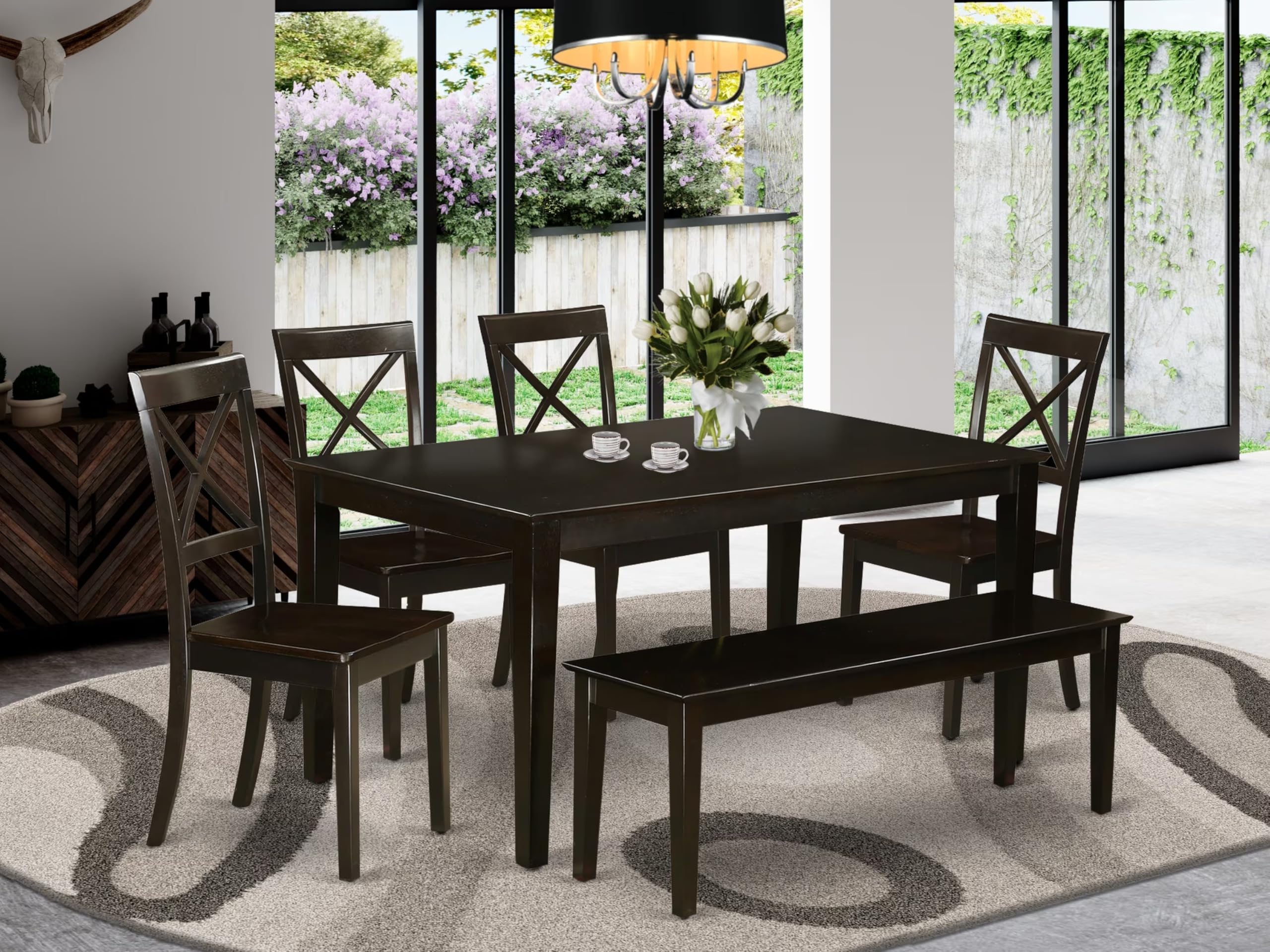 East West Furniture CABO6S-CAP-W 6 Piece Dining Room Furniture Set Contains a Rectangle Kitchen Table and 4 Dining Chairs with a Bench, 36x60 Inch, Cappuccino