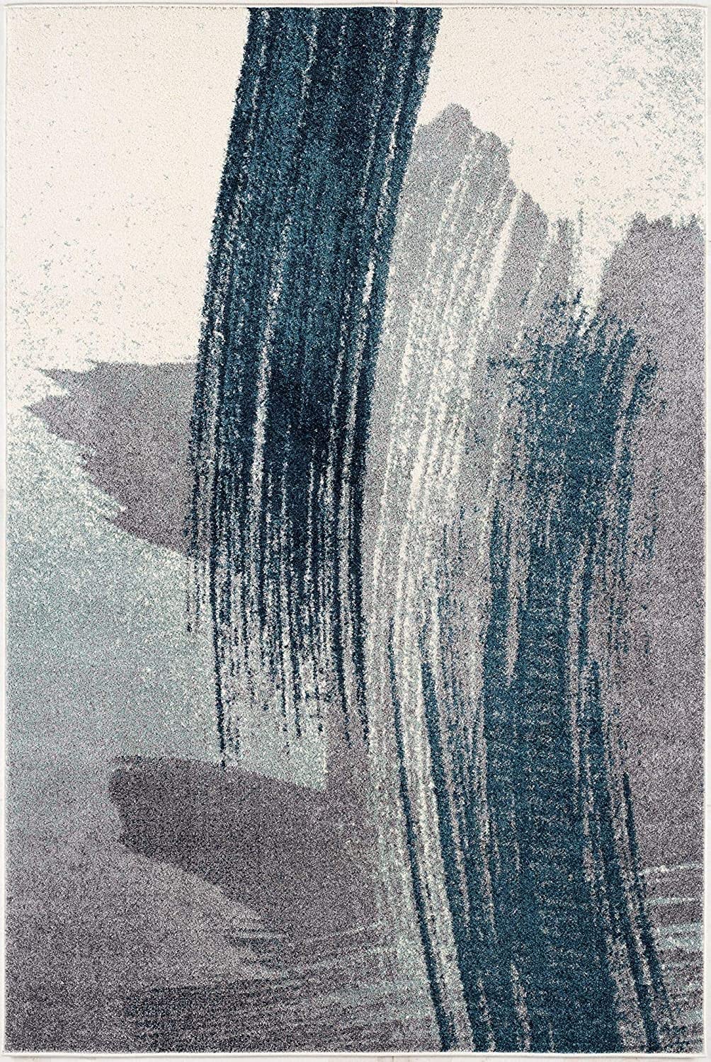HomeRoots White Blue 100% Twisted Polyester 7â€ x 9â€ White and Blue Abstract Strokes Area Rug