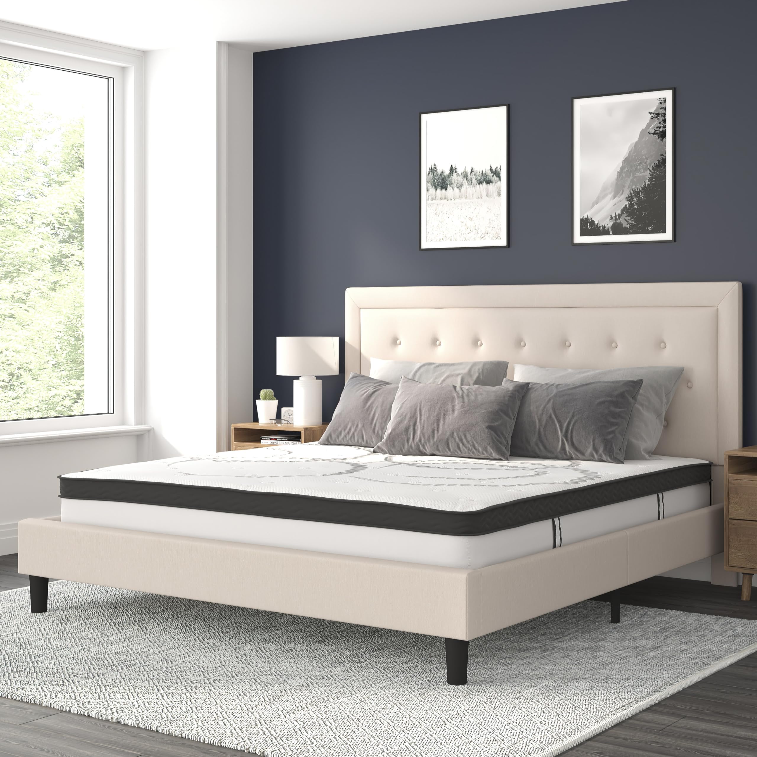 Flash Furniture Roxbury King Size Tufted Upholstered Platform Bed In Beige Fabric With 10 Inch Certipur-Us Certified Pocket Spring Mattress