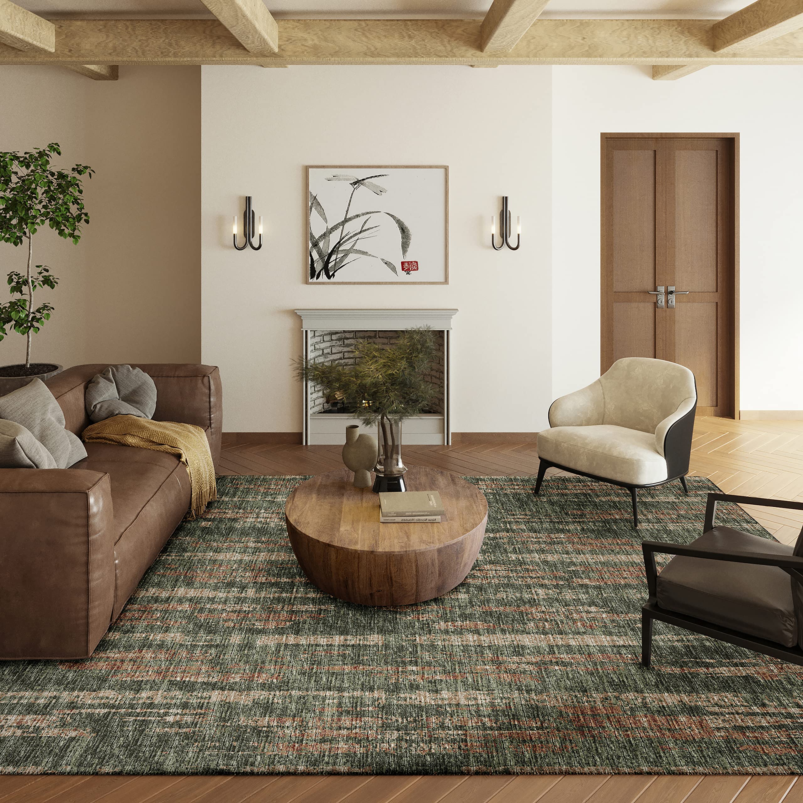 Addison Rugs Rylee Ary36 Green Washable 5' X 7'6" Indoor Outdoor Area Rug, Easy Clean, Machine Washable, Non Shedding, Bedroom, Entry, Living Room, Dining Room, Kitchen, Patio Rug