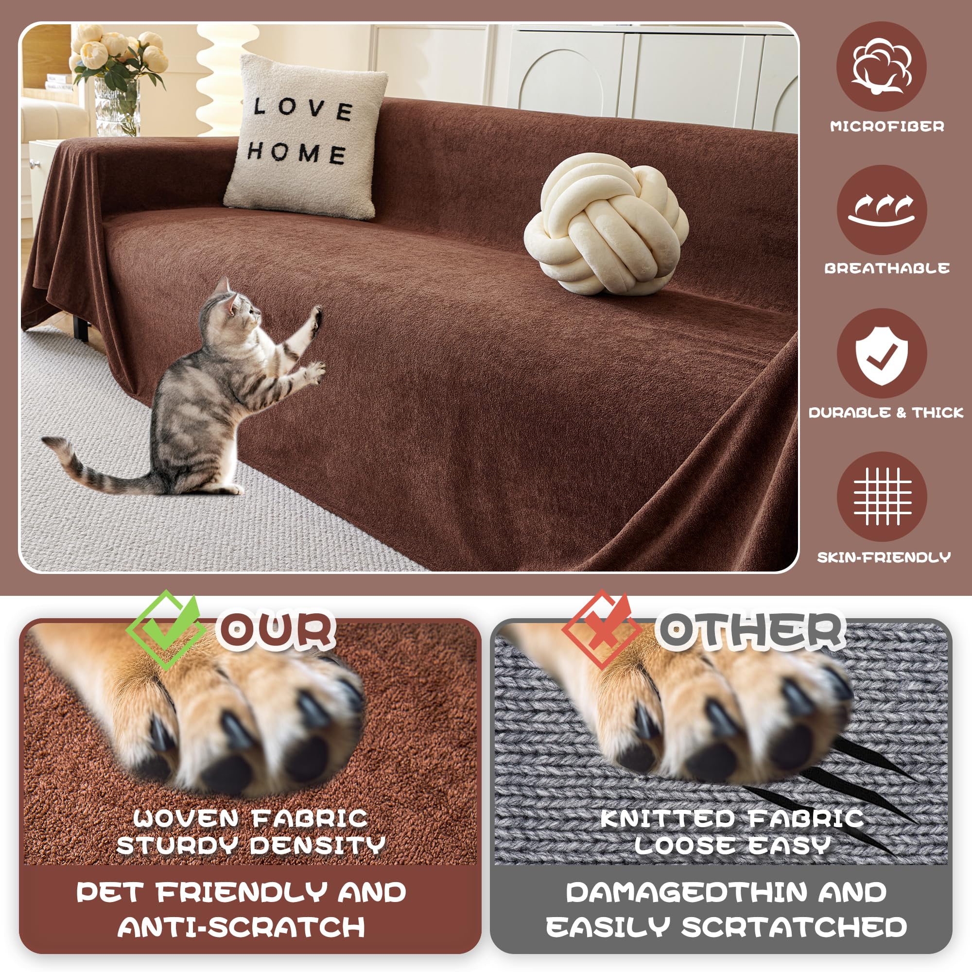Mysky Home Sofa Covers Washable Couch Cover For Dogs Sofa Cover Furniture Protector Sofa Slipcovers For Dogs Water Resistant Furniture Protector Cover, Soft Thick Sofa Throws, 91' X 118', Chocolate
