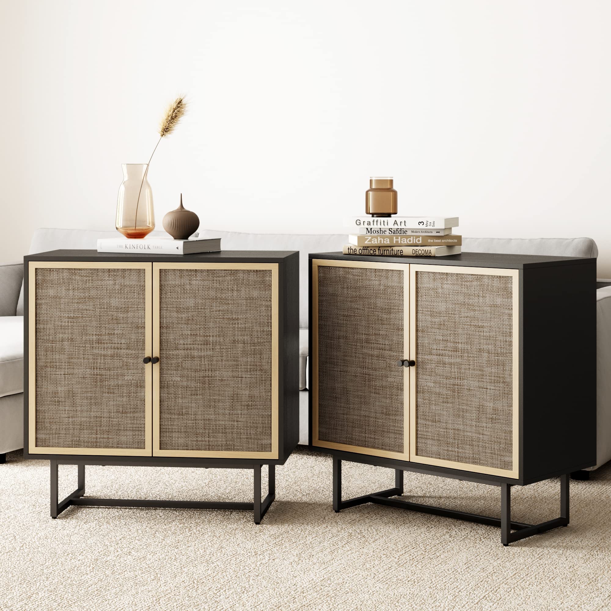 Nathan James Kova Rattan Wood Accent Sideboard Storage Cabinet Tv Stand With Matte Metal Frame, Adjustable Shelves And Cane Doors, For Hallway, Entryway Or Living Room, Black Oak/Cane, Set Of 2