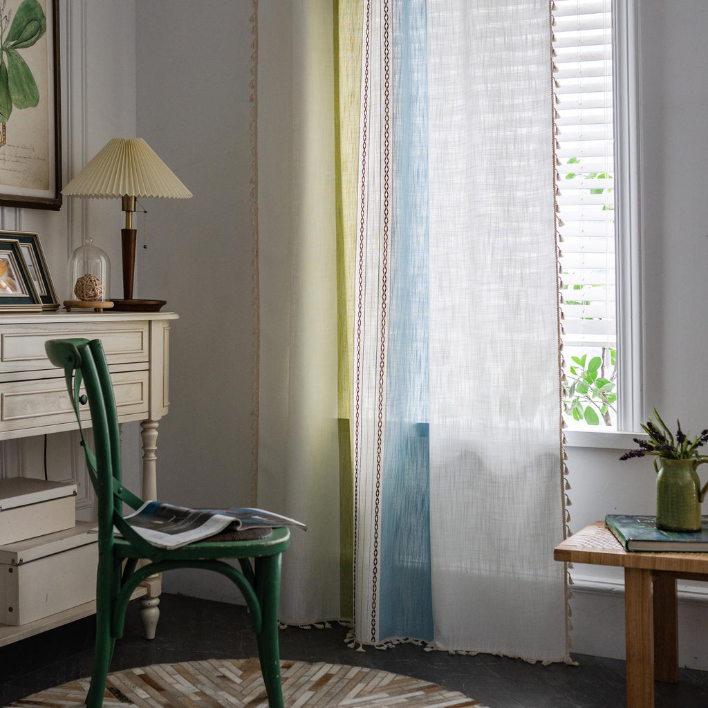 Sutuo Home Boho Curtains 84 Inch For Bedroom Living Room, Semi Blackout Linen Farmhouse Tassels Window Treatment Bohemian Embroidery Drape, Rod Pocket 1 Panel 52' W X 84' L, Green Blue Striped Linen