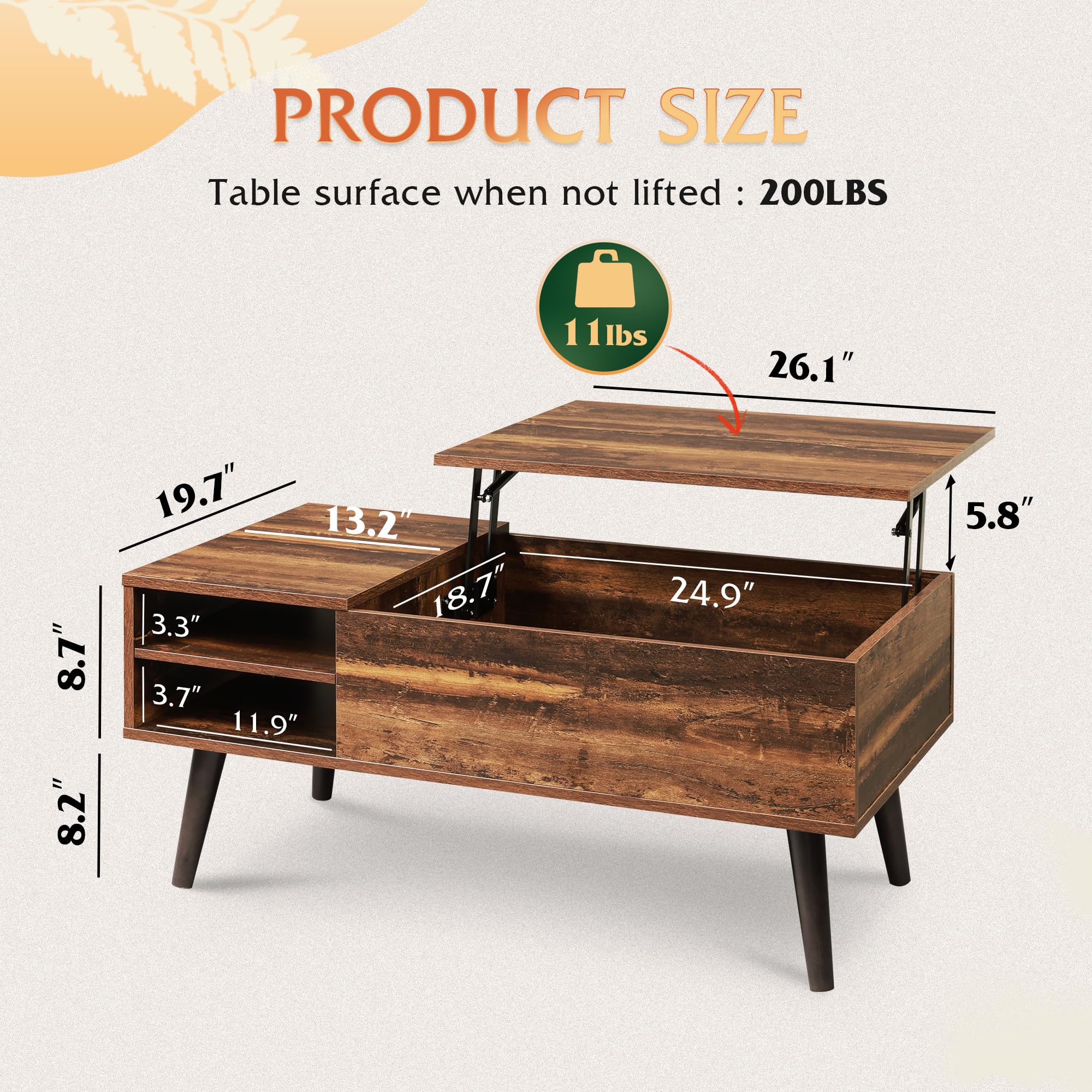 WLIVE Coffee Table with Lifting Top, Hidden Storage, Adjustable Shelf, Rustic Oak, 39.4" W