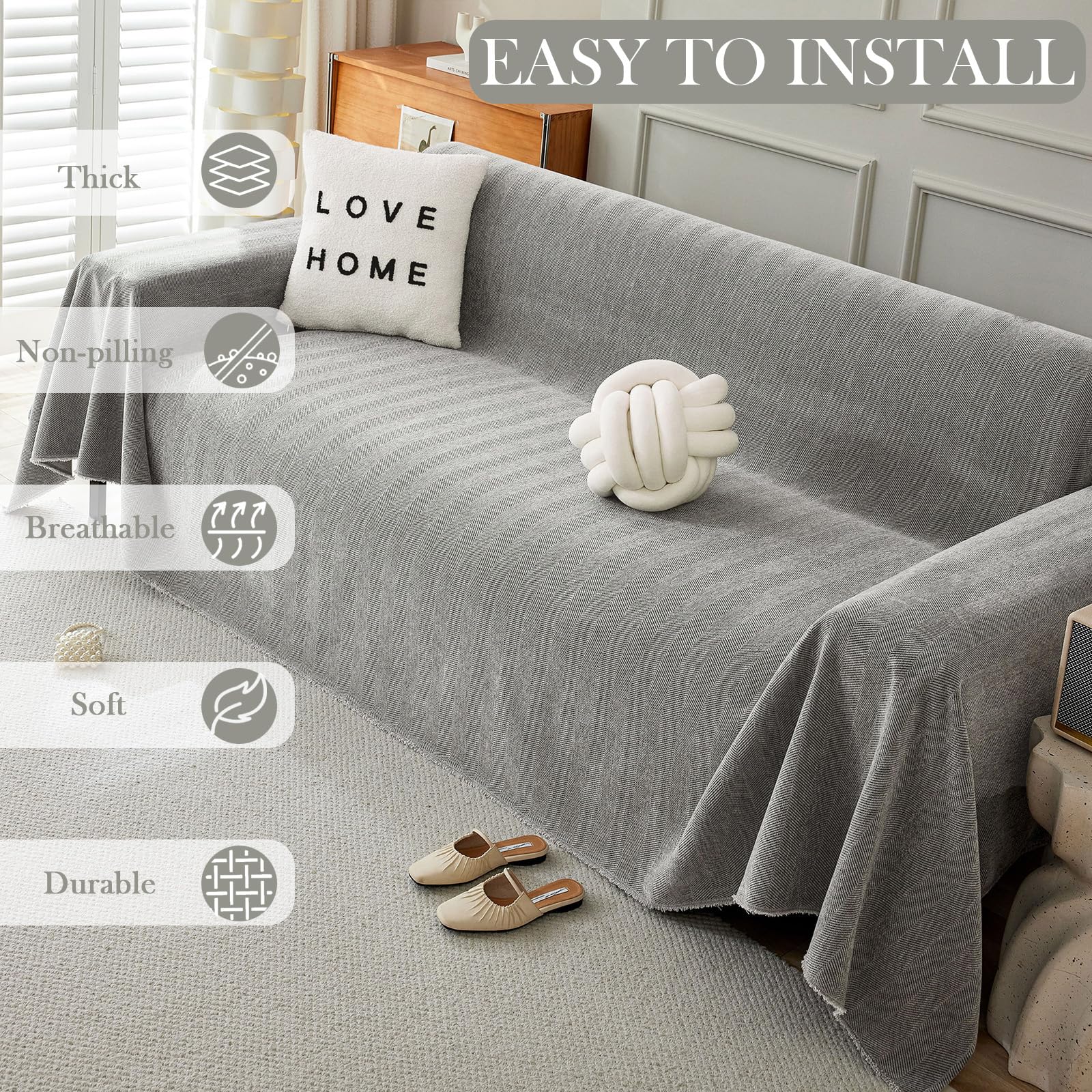 Handontime Couch Slipcovers For Sofas Dark Grey Couch Cover Sofa Cover For Dogs Boho Pet Couch Protector With Tassel Couch Throw Cover Chenille Herringbone Couch Cover Sofa 2 3 Seat Cover, 91' X134'