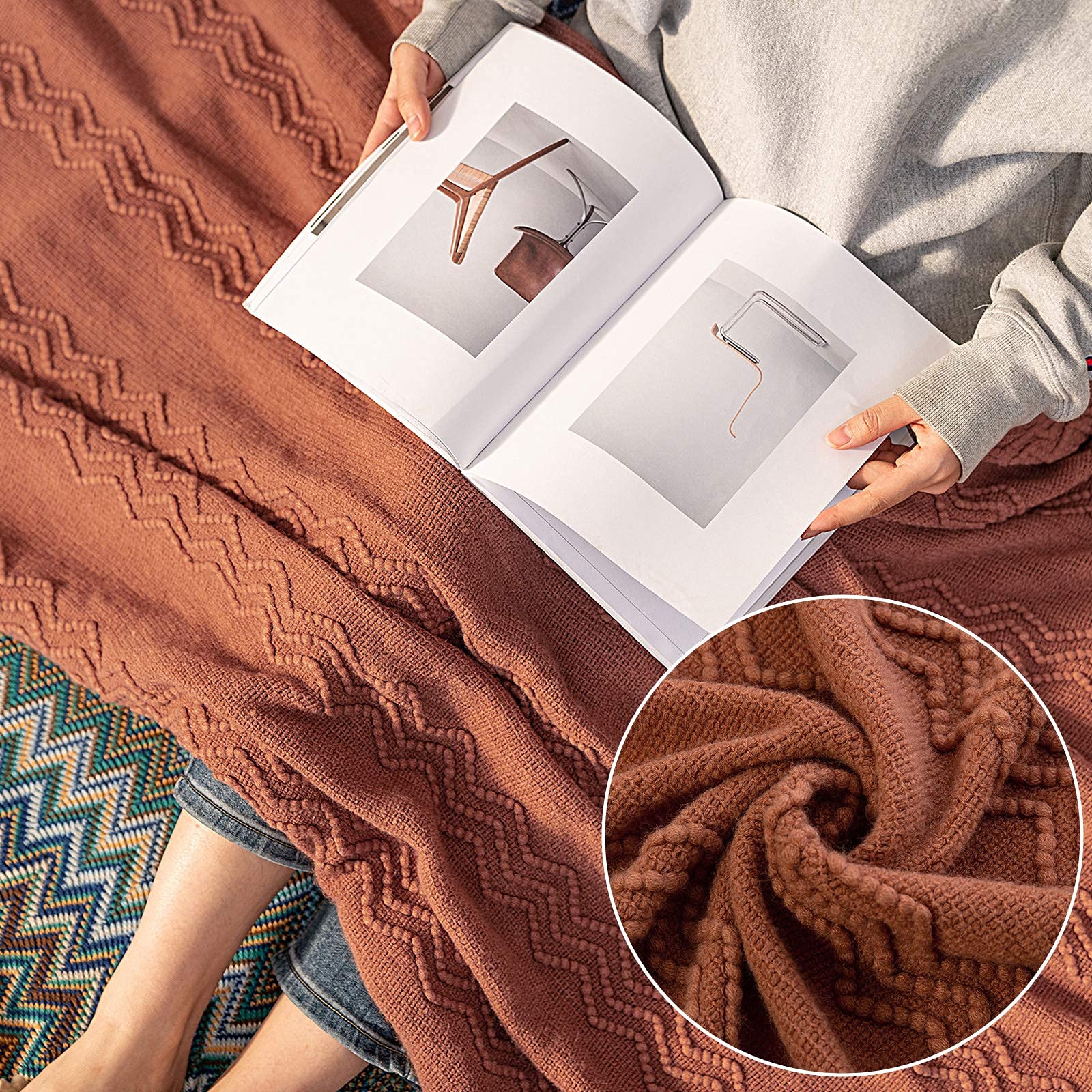 MIULEE Knitted Boho Throw Blanket, 50x60, Textured Knit in Terracotta Rust with Tassels, Cozy Farmhouse Decor for Couch or Bed