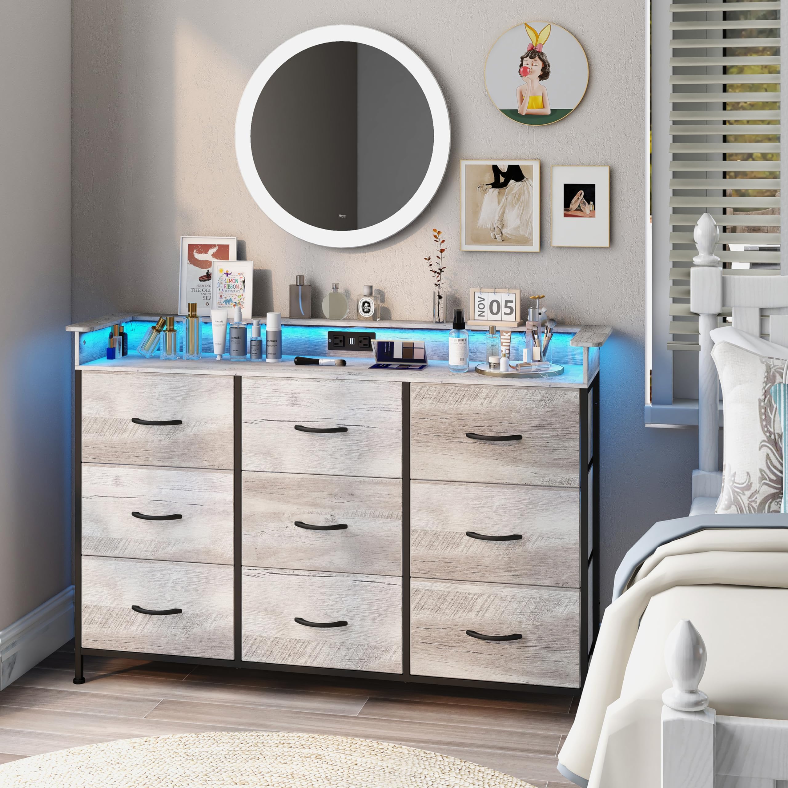 Exotica Dresser With Charge Station 9 Drawers Dresser For Bedroom With Led Lights Tall Wide Fabric Dressers & Chests Of Drawers For Closet Hallway Entryway Sturdy Steel Frame Wood Top
