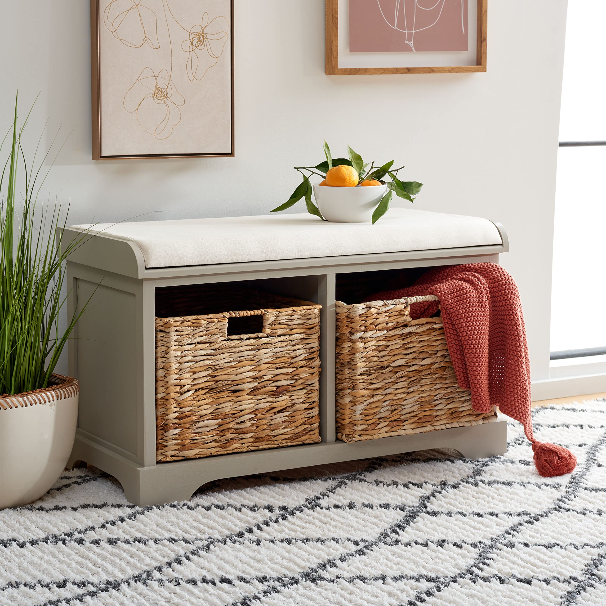 Safavieh Home Collection Freddy Vintage Grey / Wicker Basket 2-Drawer Storage Bench With Cushion (Fully Assembled)